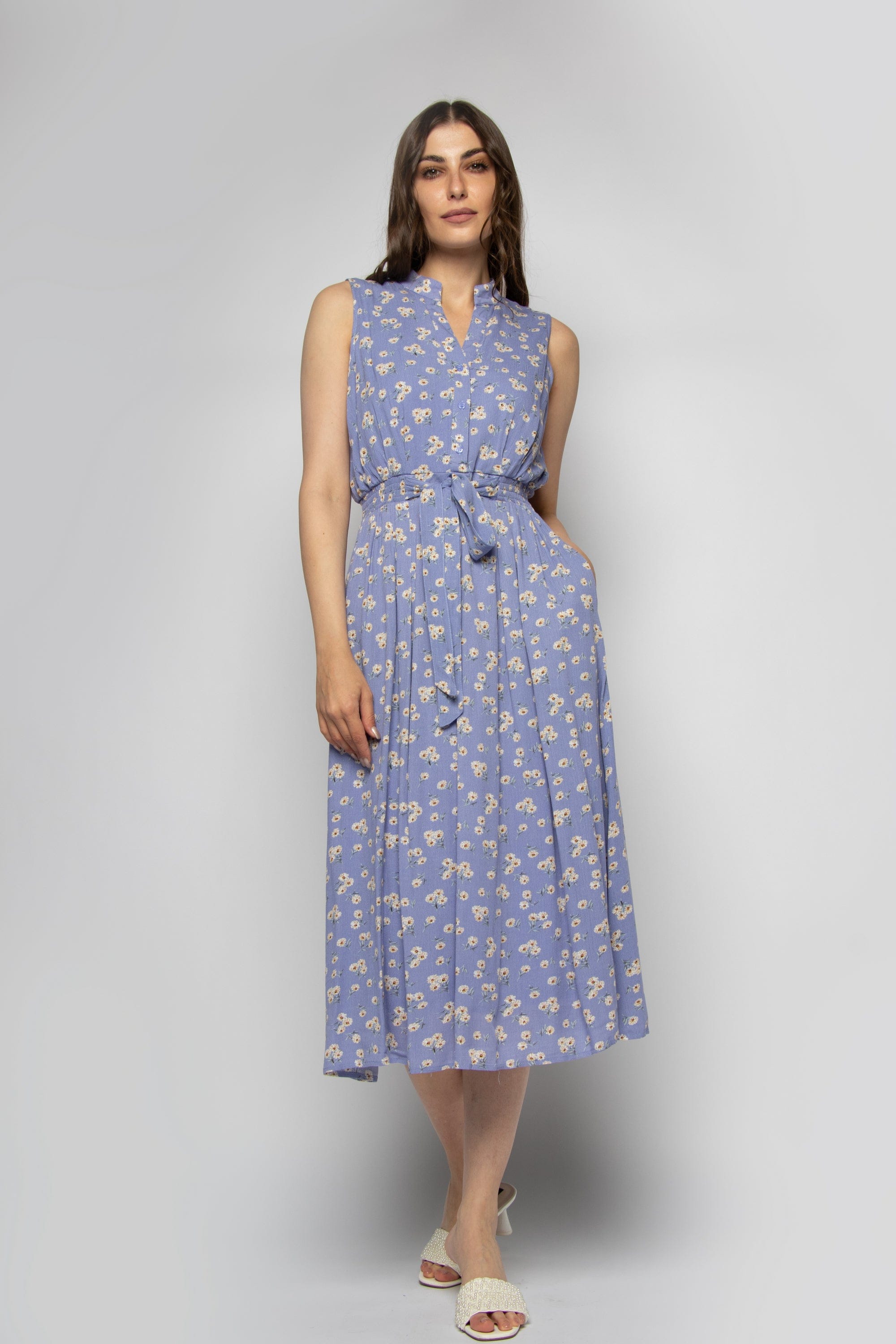 ميكا فستان ميدي بدون أكمام مشجر بحزام خصر