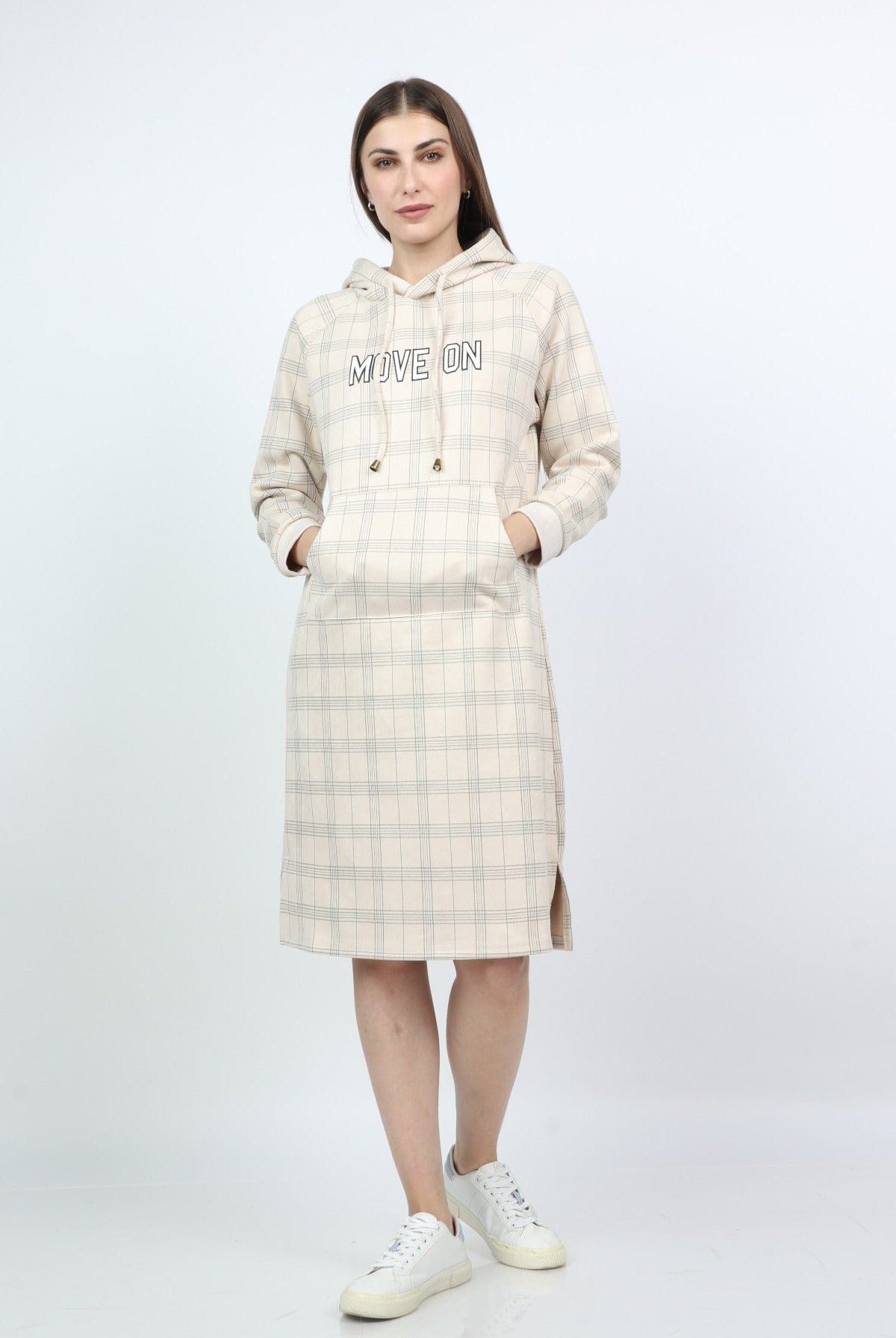 ميكا فستان ميدي كم طويل مربعات بجيوب أمامية