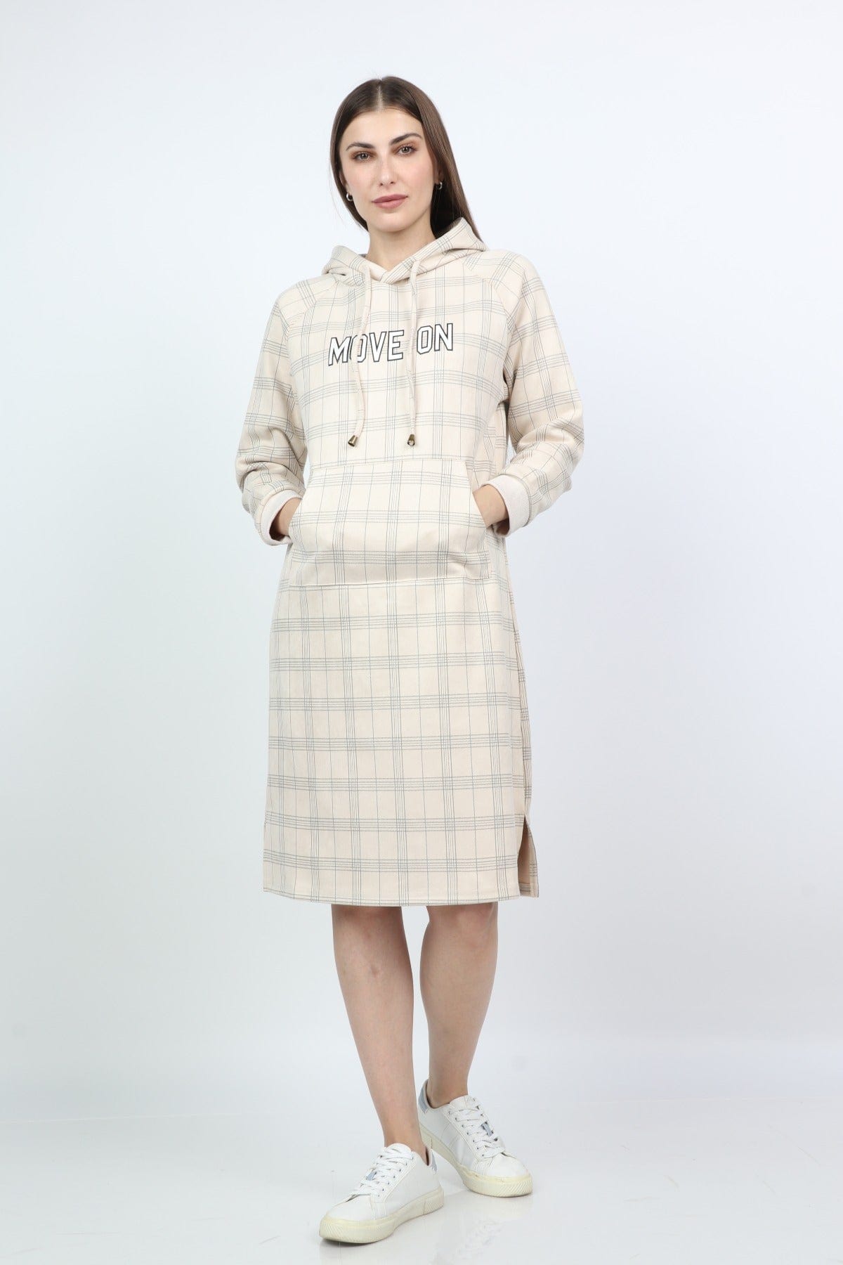 ميكا فستان ميدي كم طويل مربعات بجيوب أمامية