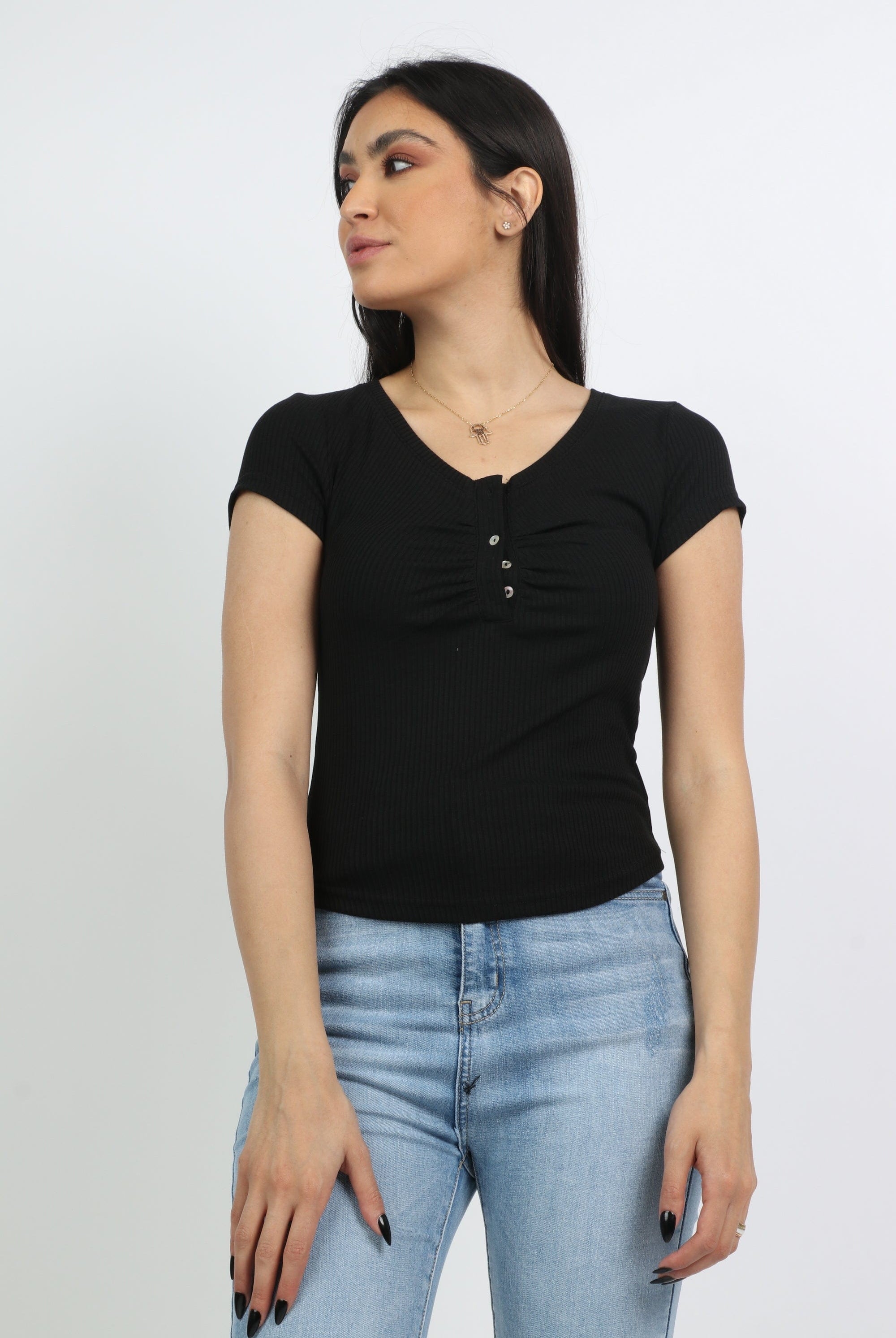 ميكا بلوزة قطنية بأزرار أمامية على الصدر كم قصير نسائي