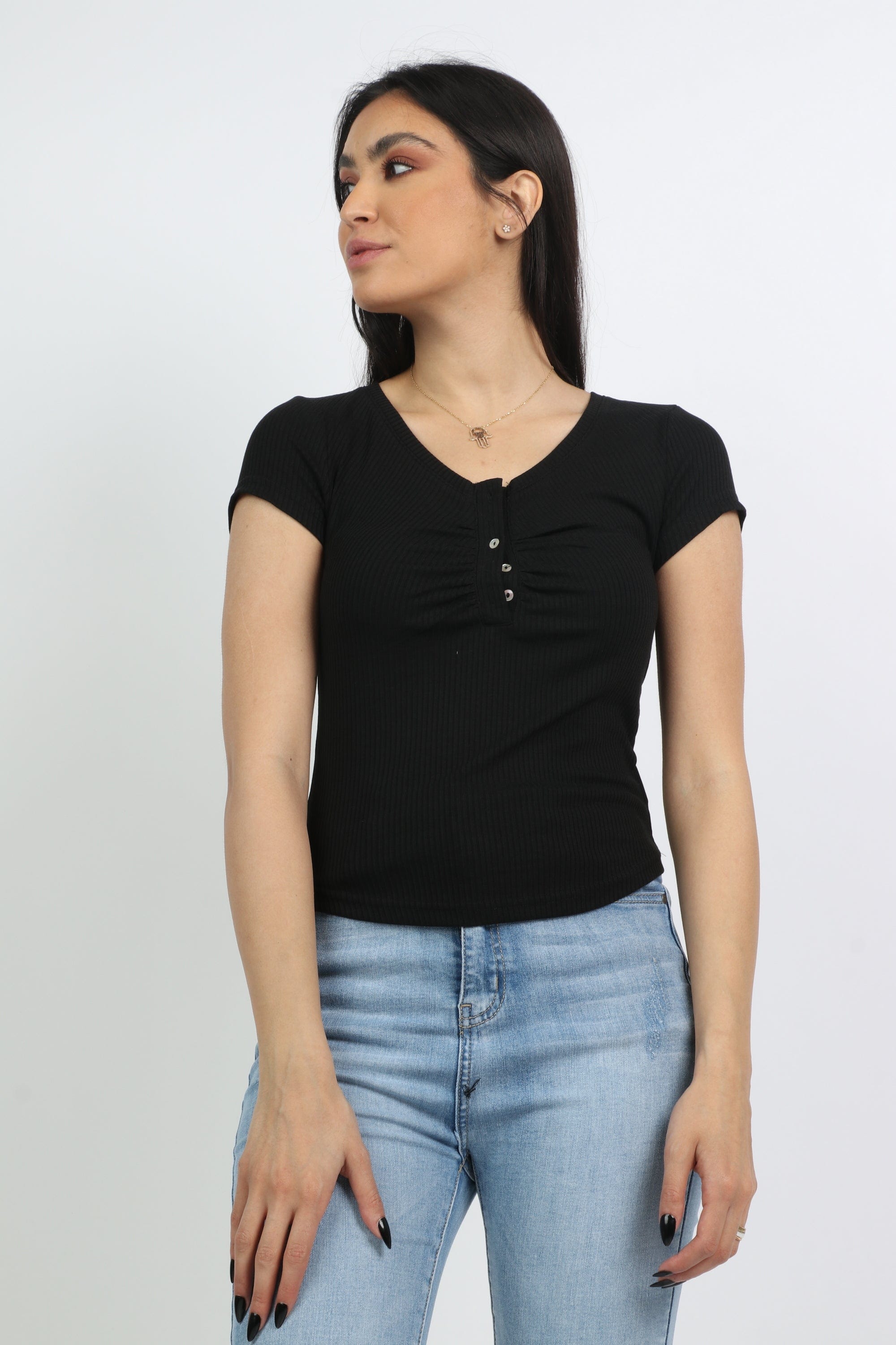 ميكا بلوزة قطنية بأزرار أمامية على الصدر كم قصير نسائي