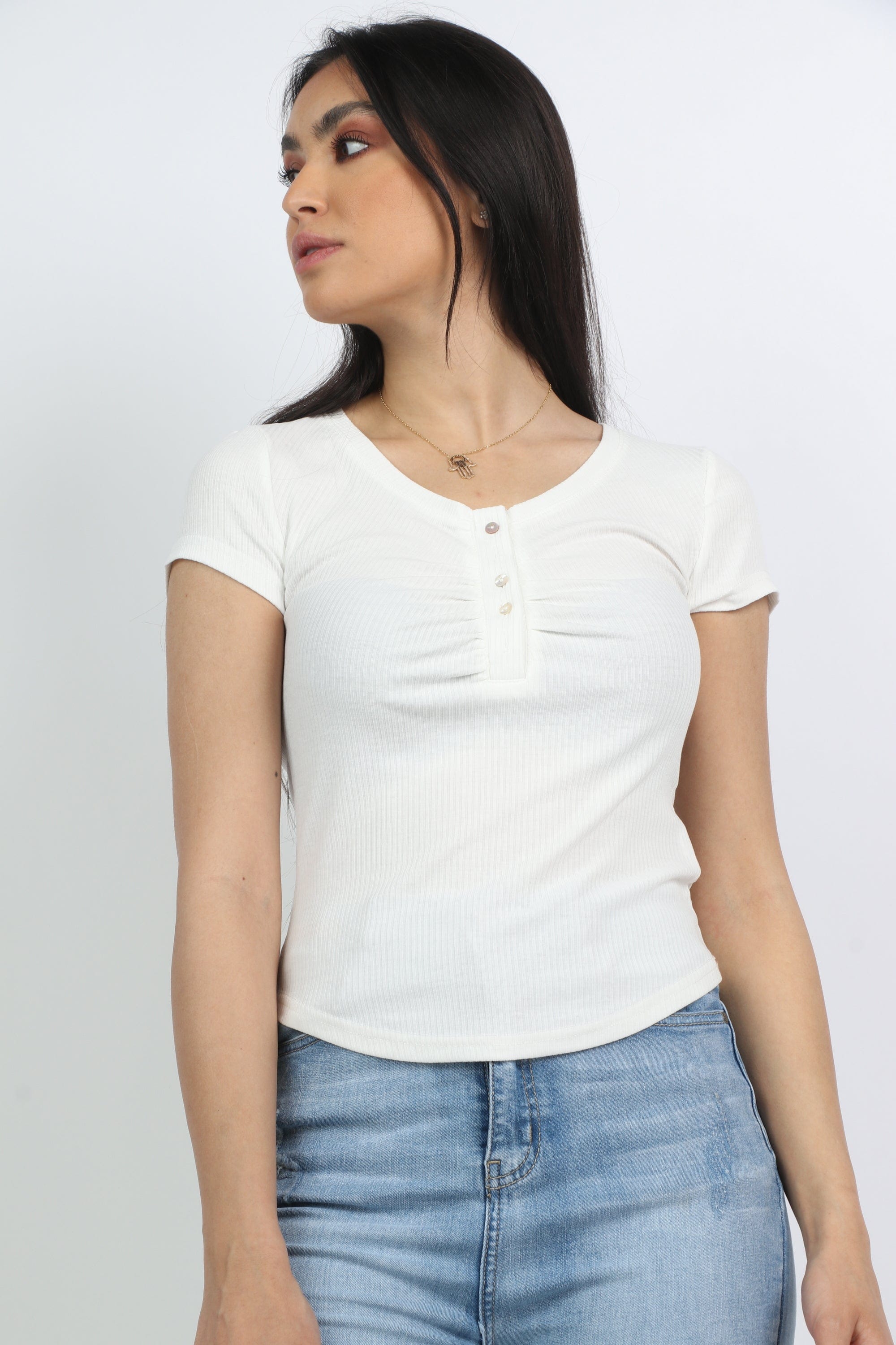 ميكا بلوزة قطنية بأزرار أمامية على الصدر كم قصير نسائي