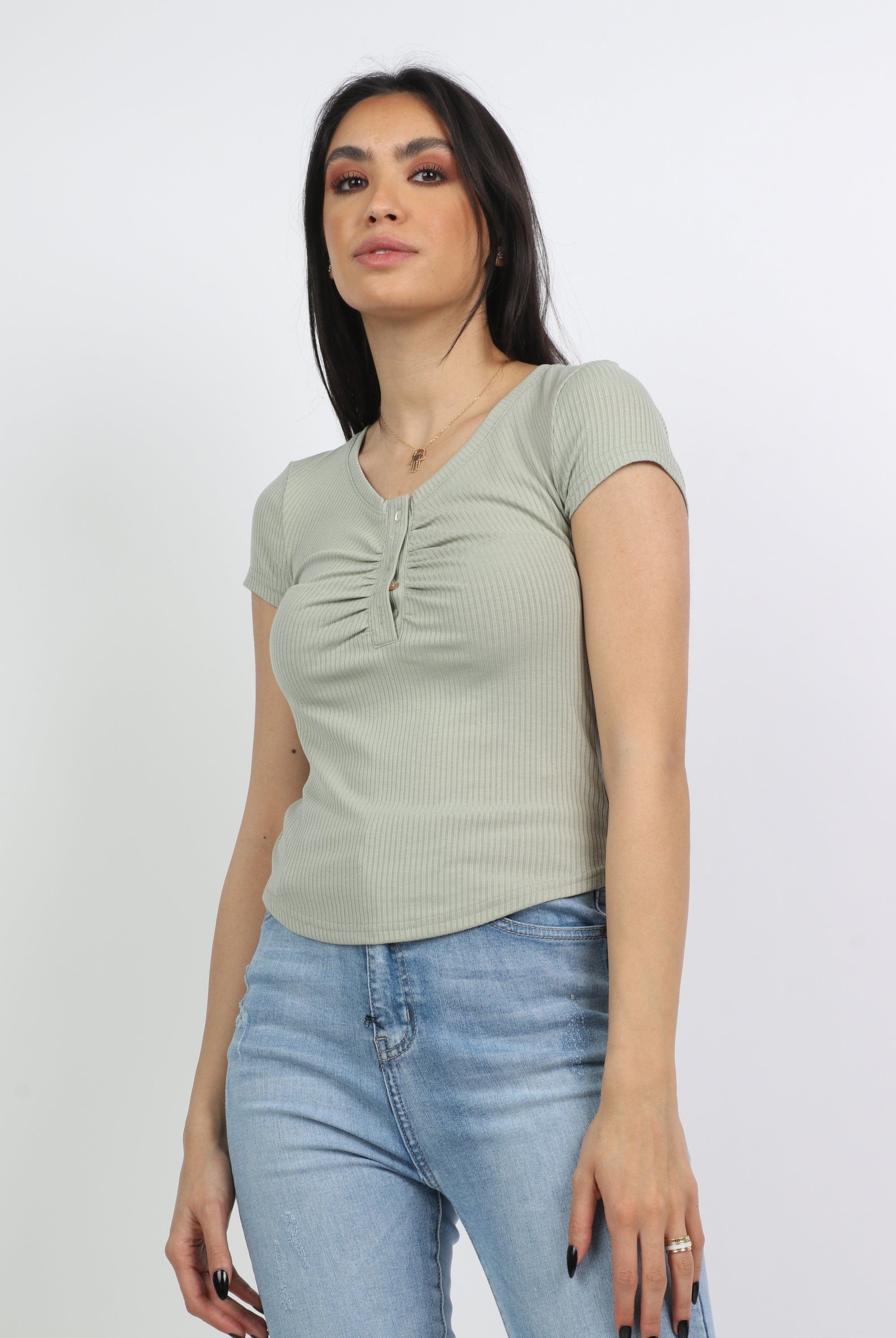 ميكا بلوزة قطنية بأزرار أمامية على الصدر كم قصير نسائي