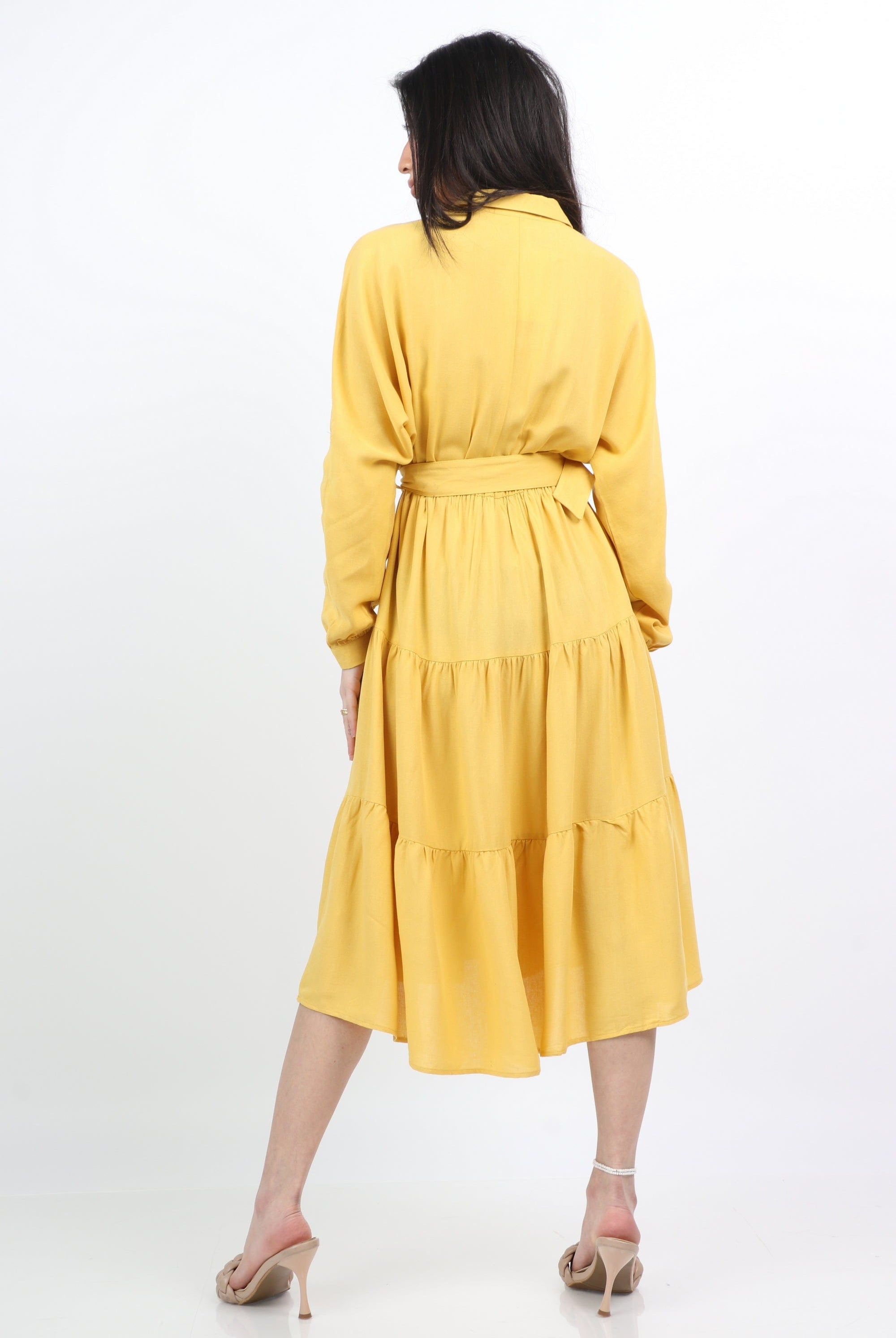 ميكا فستان ميدي بحزام على الخصر بأكمام طويلة