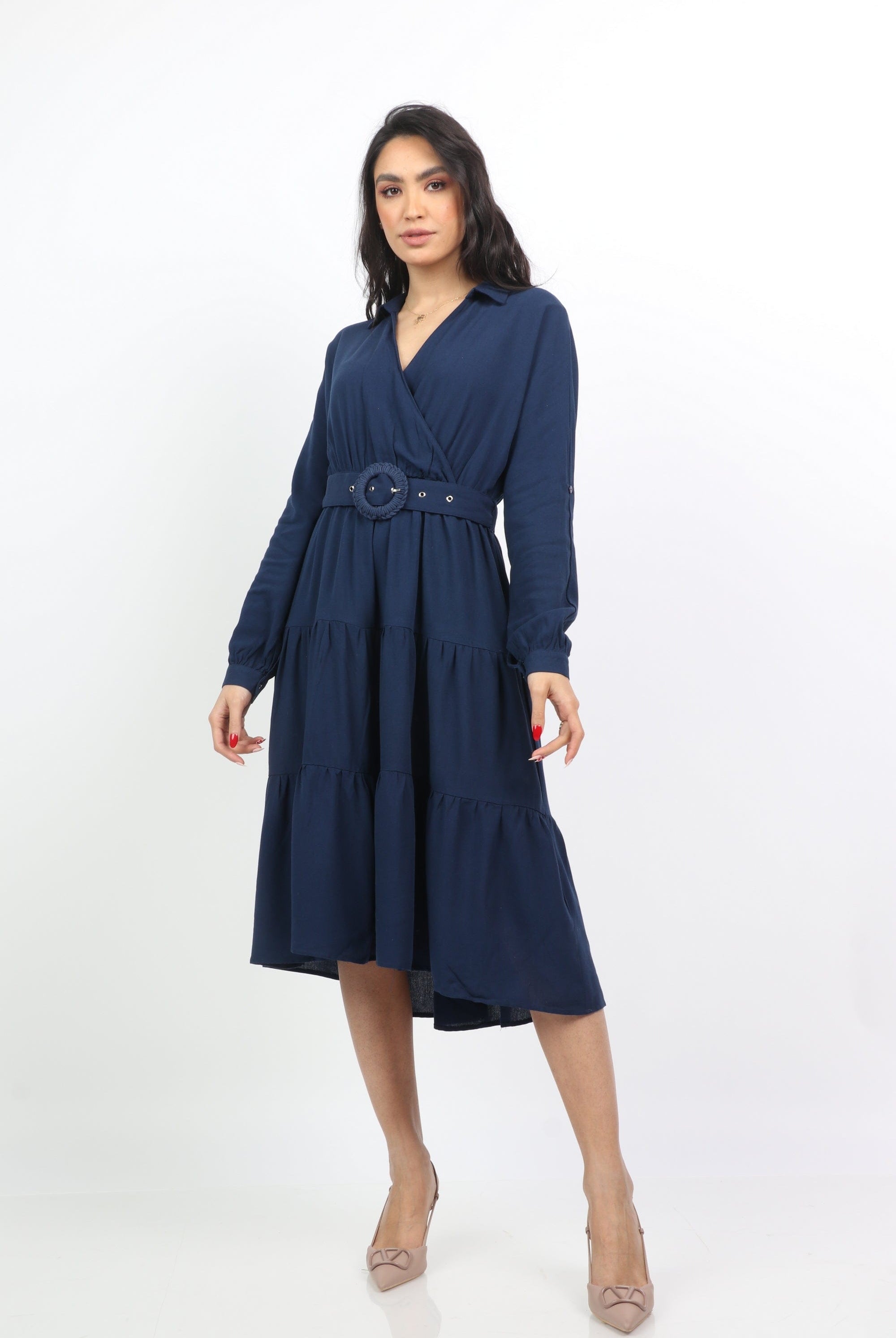 ميكا فستان ميدي بحزام على الخصر بأكمام طويلة