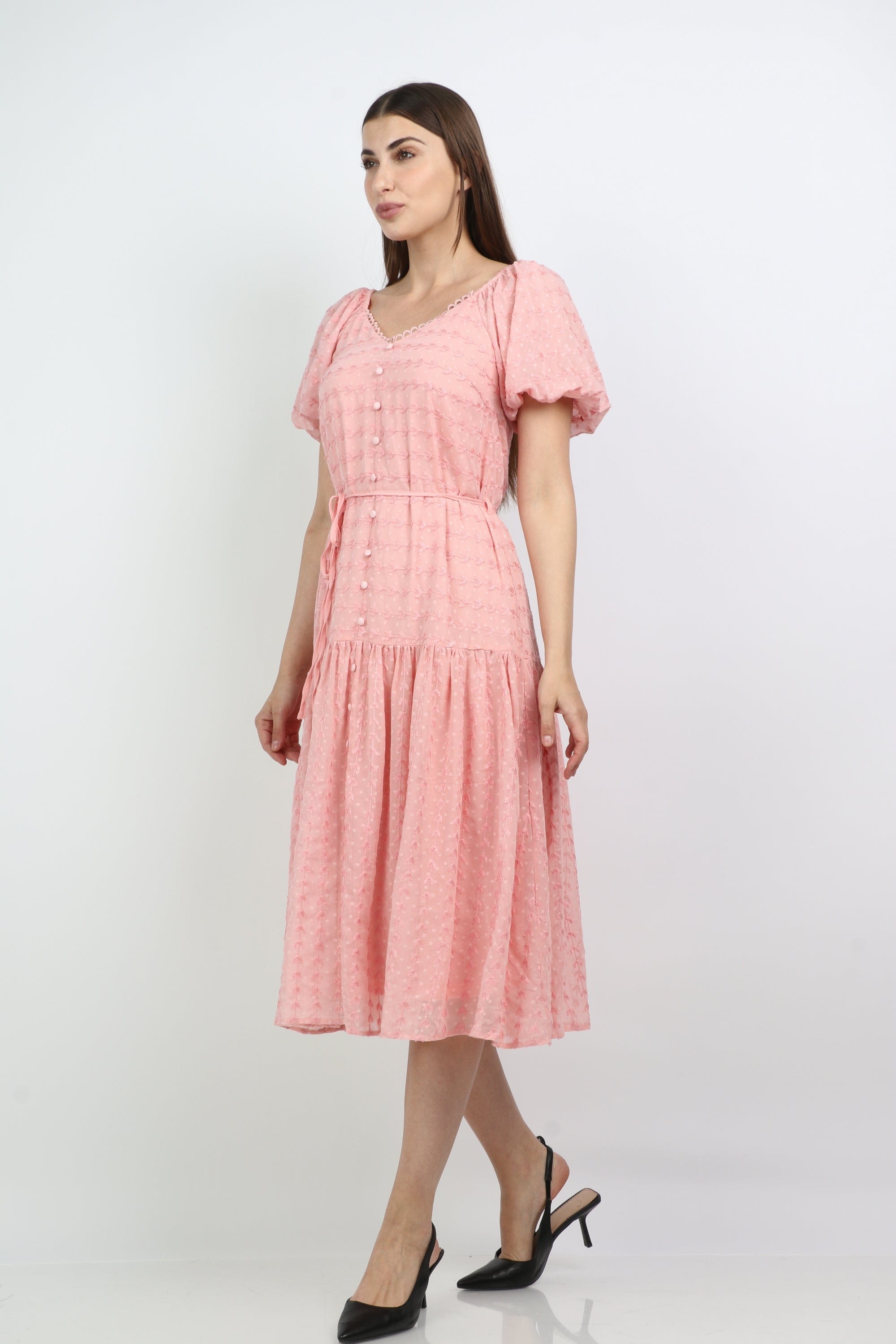 ميكا فستان ميدي بخصر مزين بأزرار أمامية بكم قصير