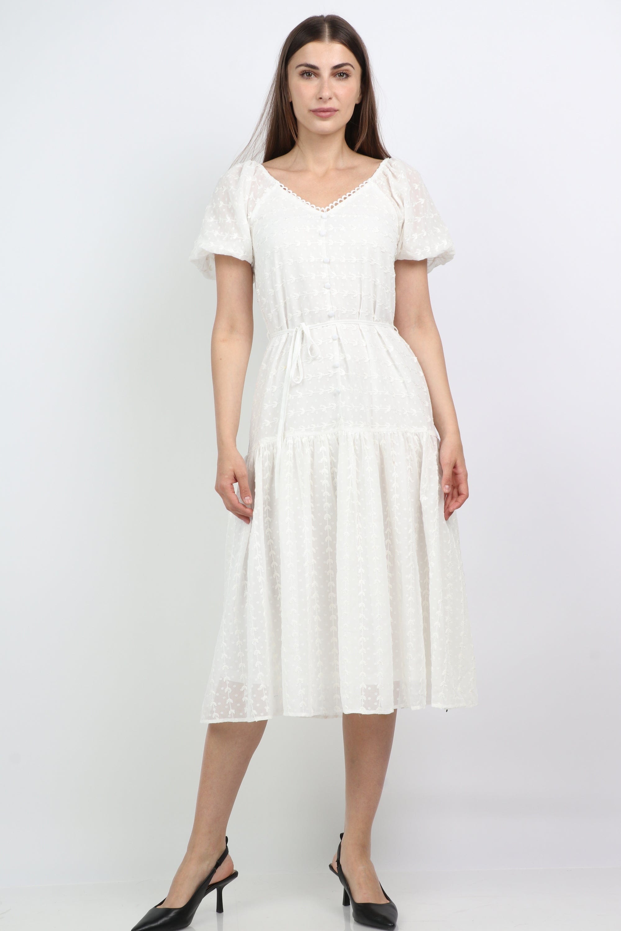 ميكا فستان ميدي بخصر مزين بأزرار أمامية بكم قصير