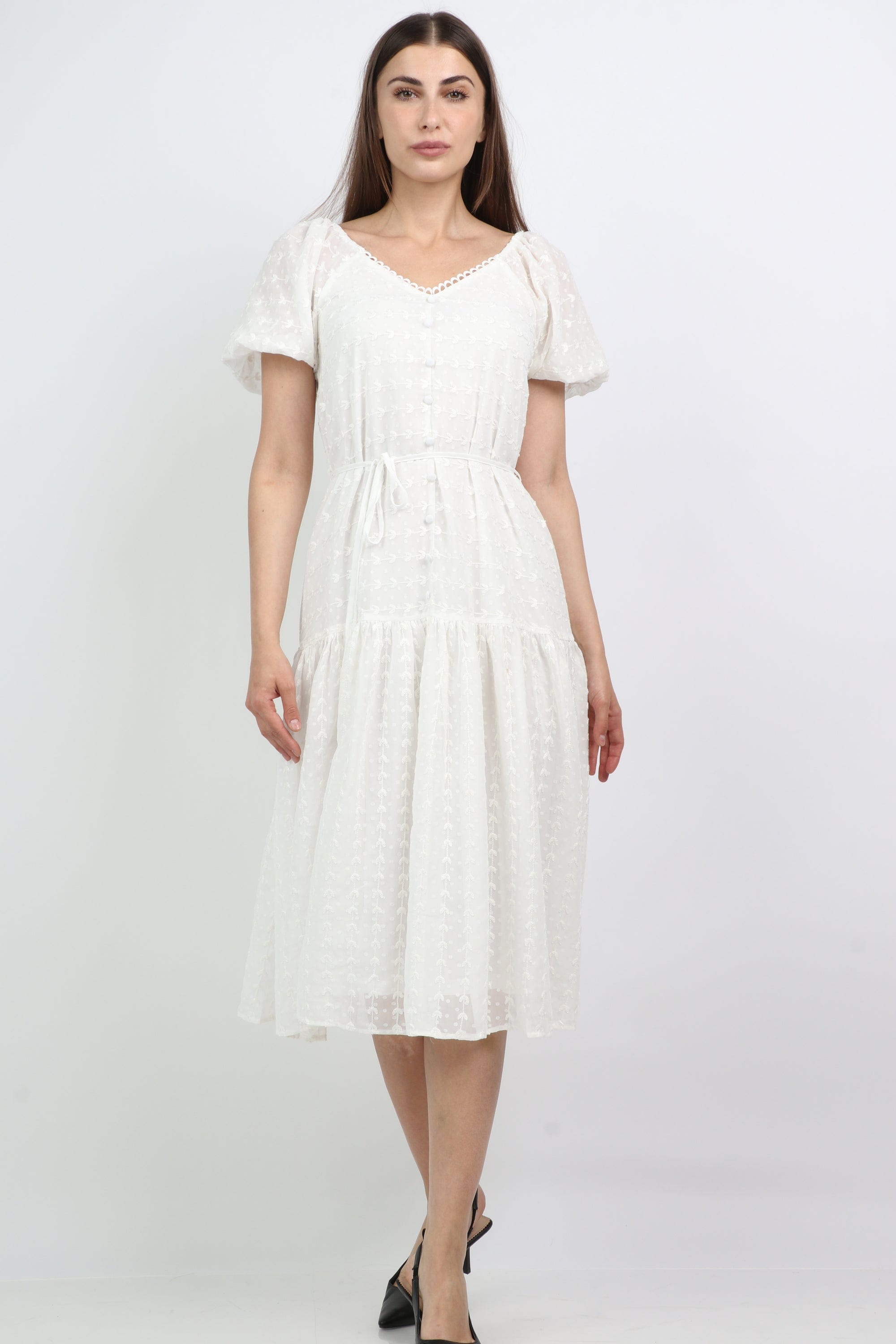 ميكا فستان ميدي بخصر مزين بأزرار أمامية بكم قصير