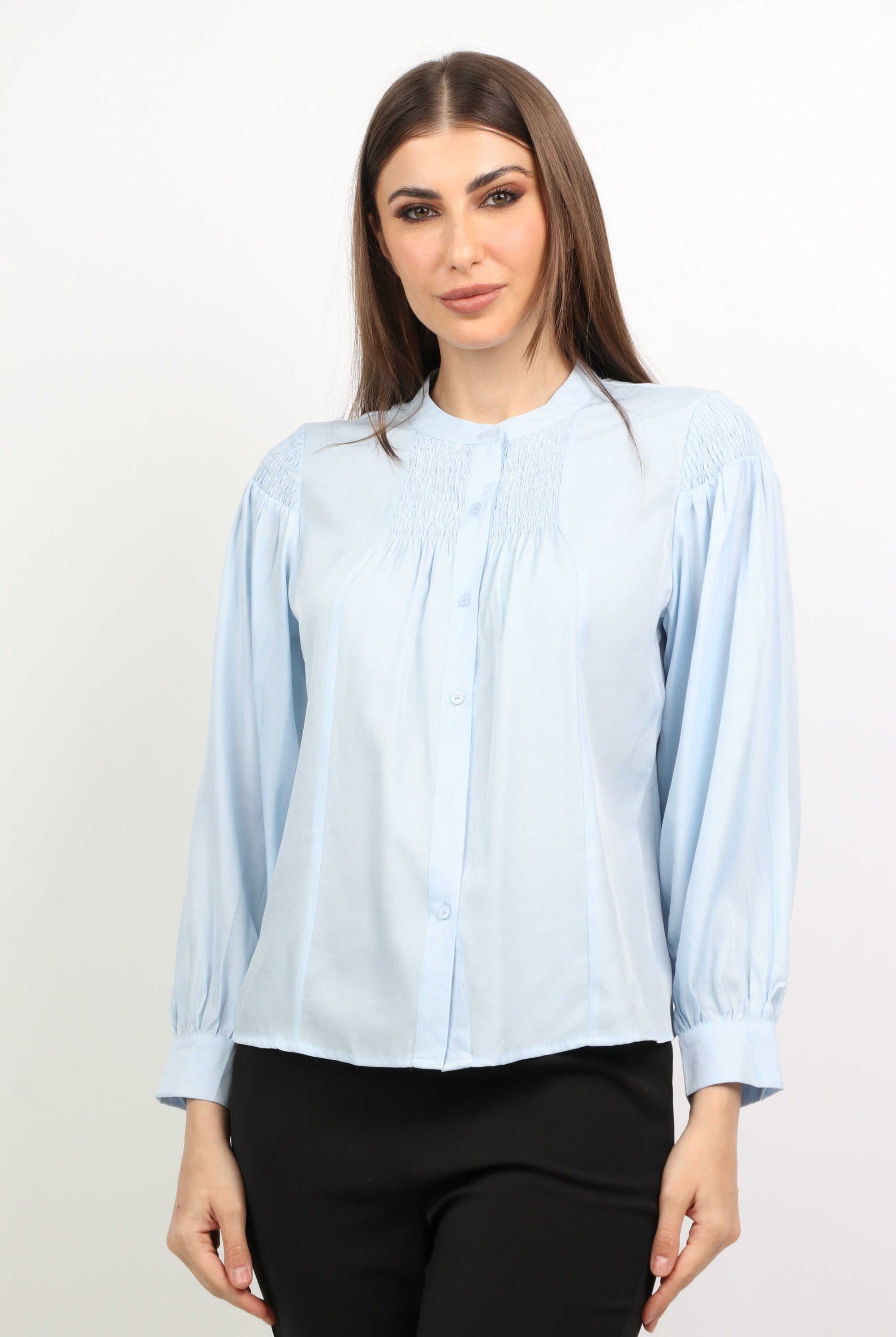 ميكا بلوزة مكشكشة من الصدر أزرار أمامية كم طويل نسائي