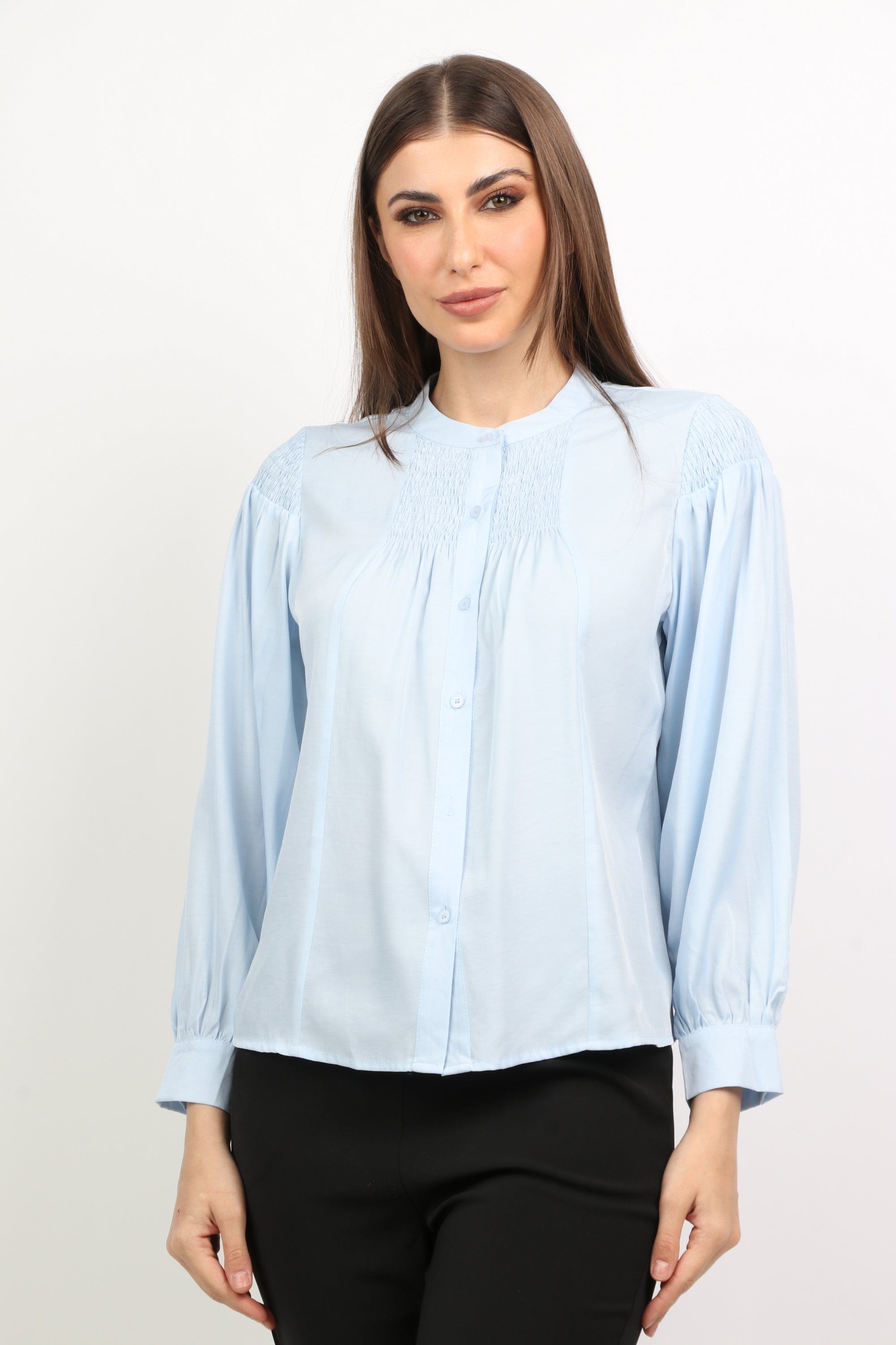 ميكا بلوزة مكشكشة من الصدر أزرار أمامية كم طويل نسائي