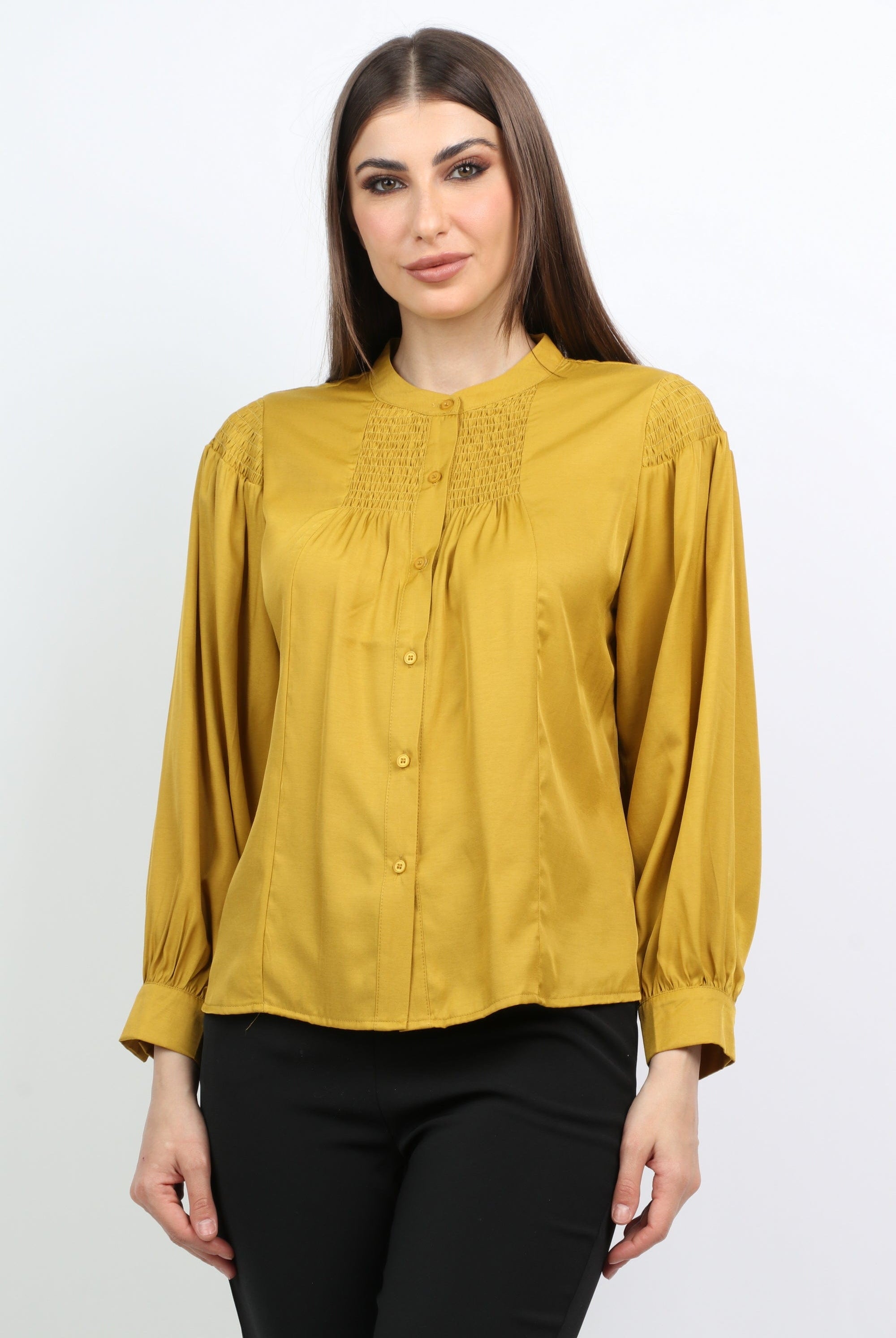 ميكا بلوزة مكشكشة من الصدر أزرار أمامية كم طويل نسائي