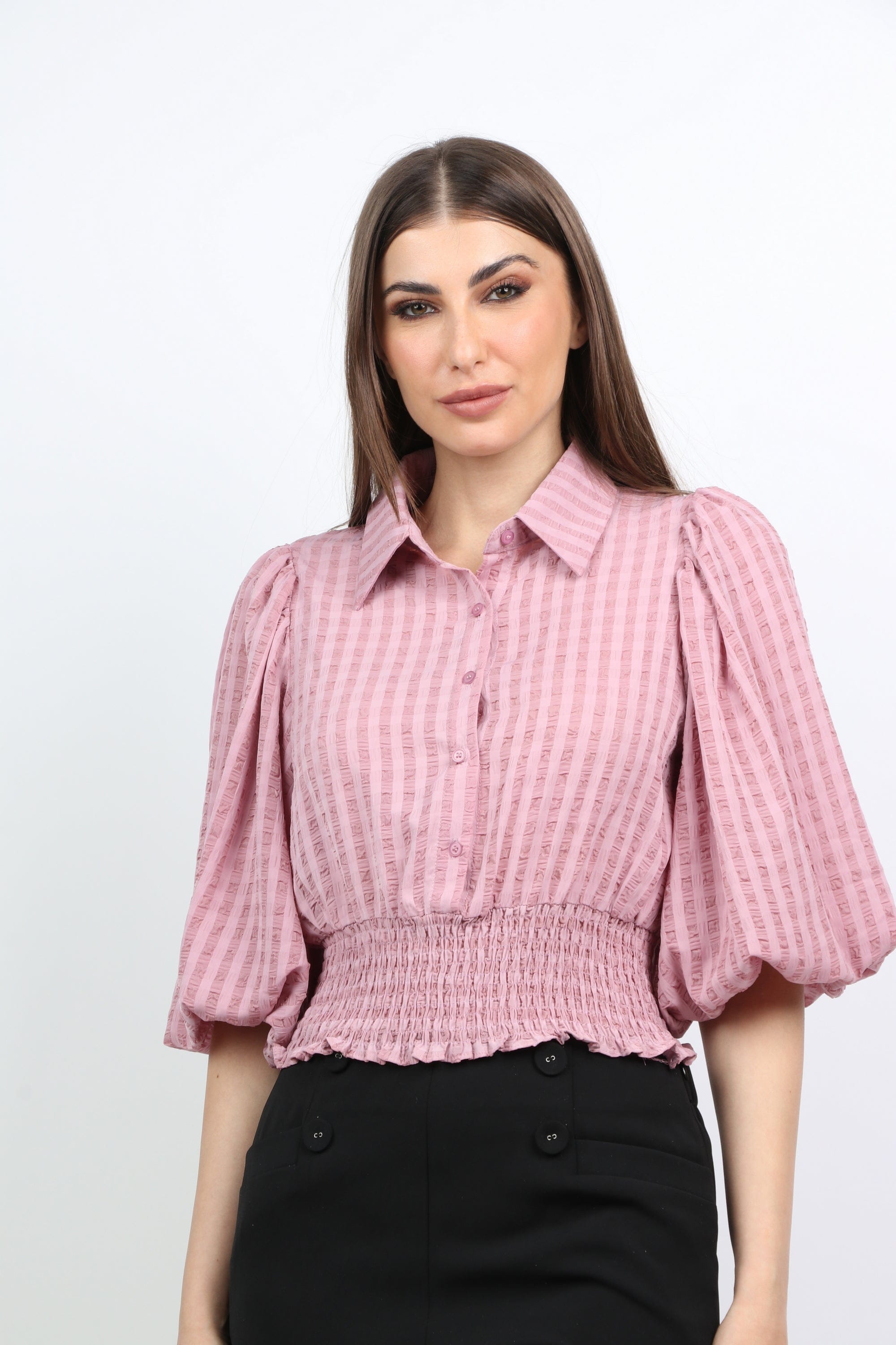 ميكا بلوزة كاروهات بوسط وياقة كم طويل منفوخ نسائي