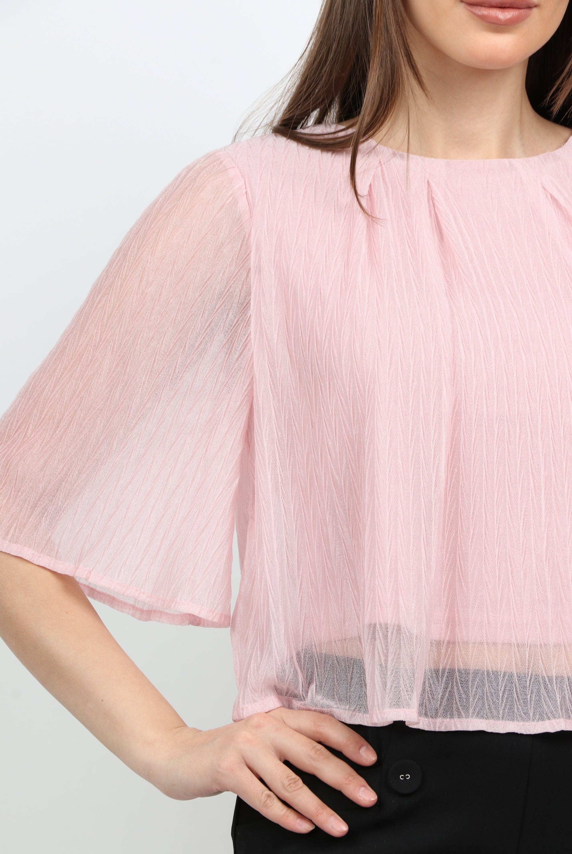 ميكا بلوزة واسعة بأكتاف عريضة كم طويلة بليسيه نسائي