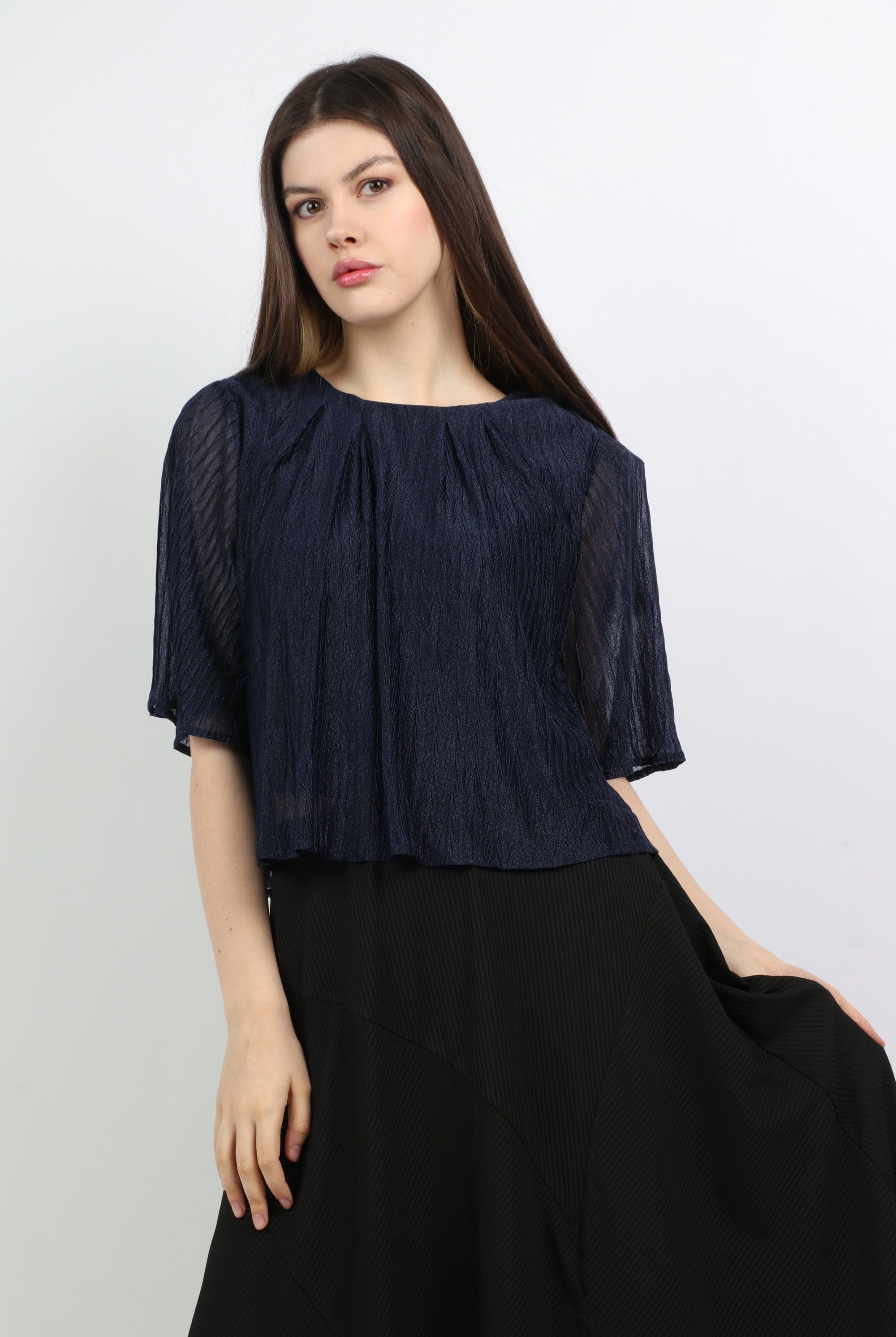 ميكا بلوزة واسعة بأكتاف عريضة كم طويلة بليسيه نسائي