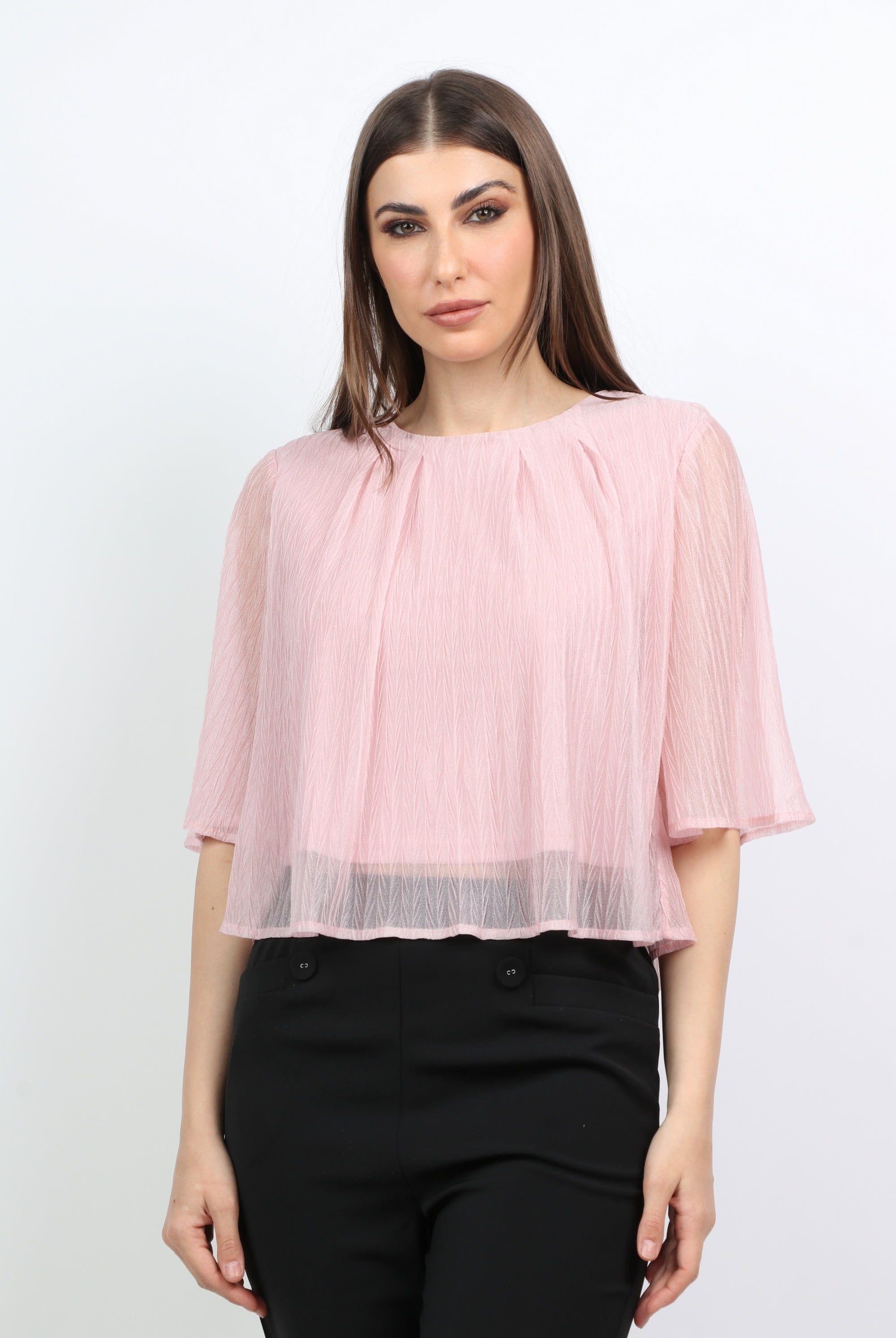 ميكا بلوزة واسعة بأكتاف عريضة كم طويلة بليسيه نسائي