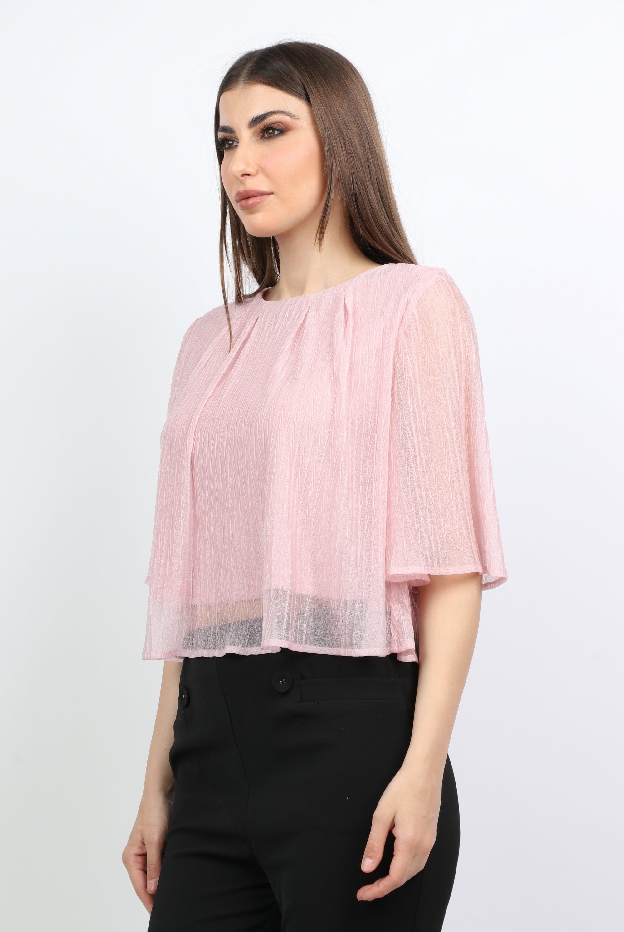 ميكا بلوزة واسعة بأكتاف عريضة كم طويلة بليسيه نسائي