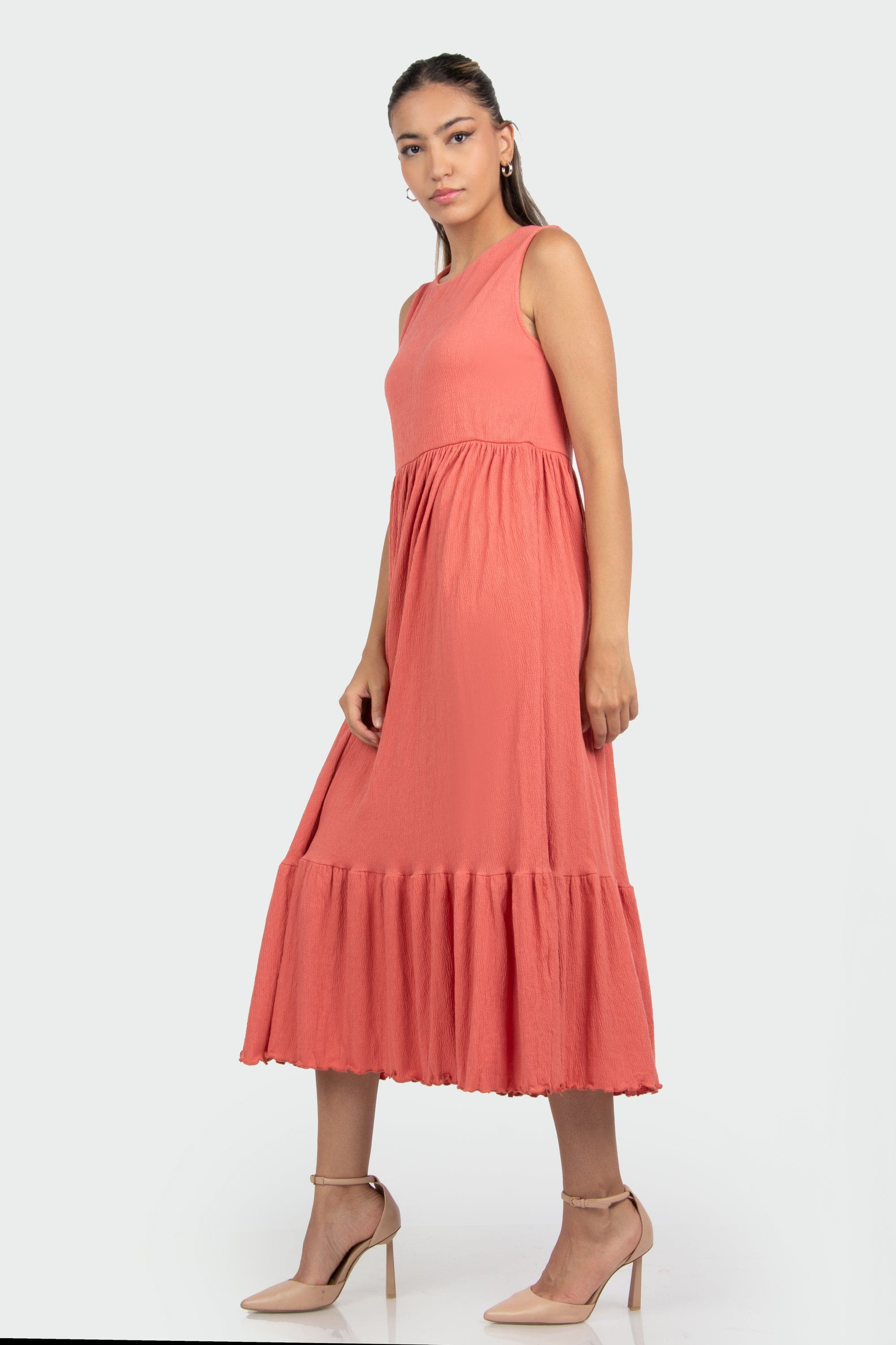 ميكا فستان ميدي سادة كشكش خصر مرتفع بدون كم