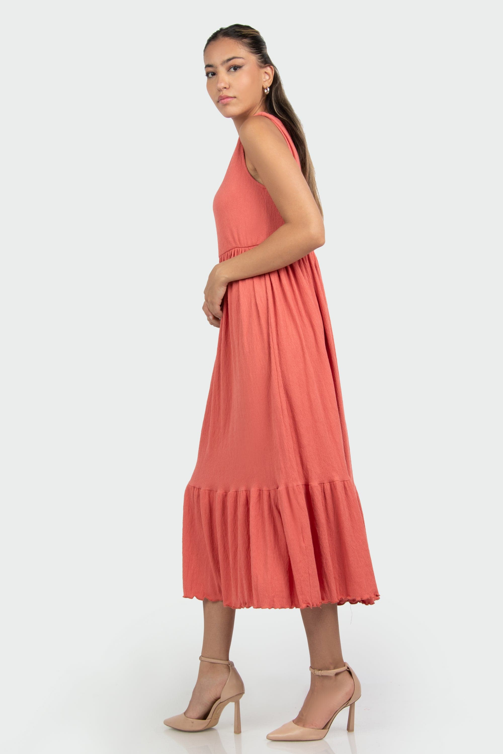 ميكا فستان ميدي سادة كشكش خصر مرتفع بدون كم