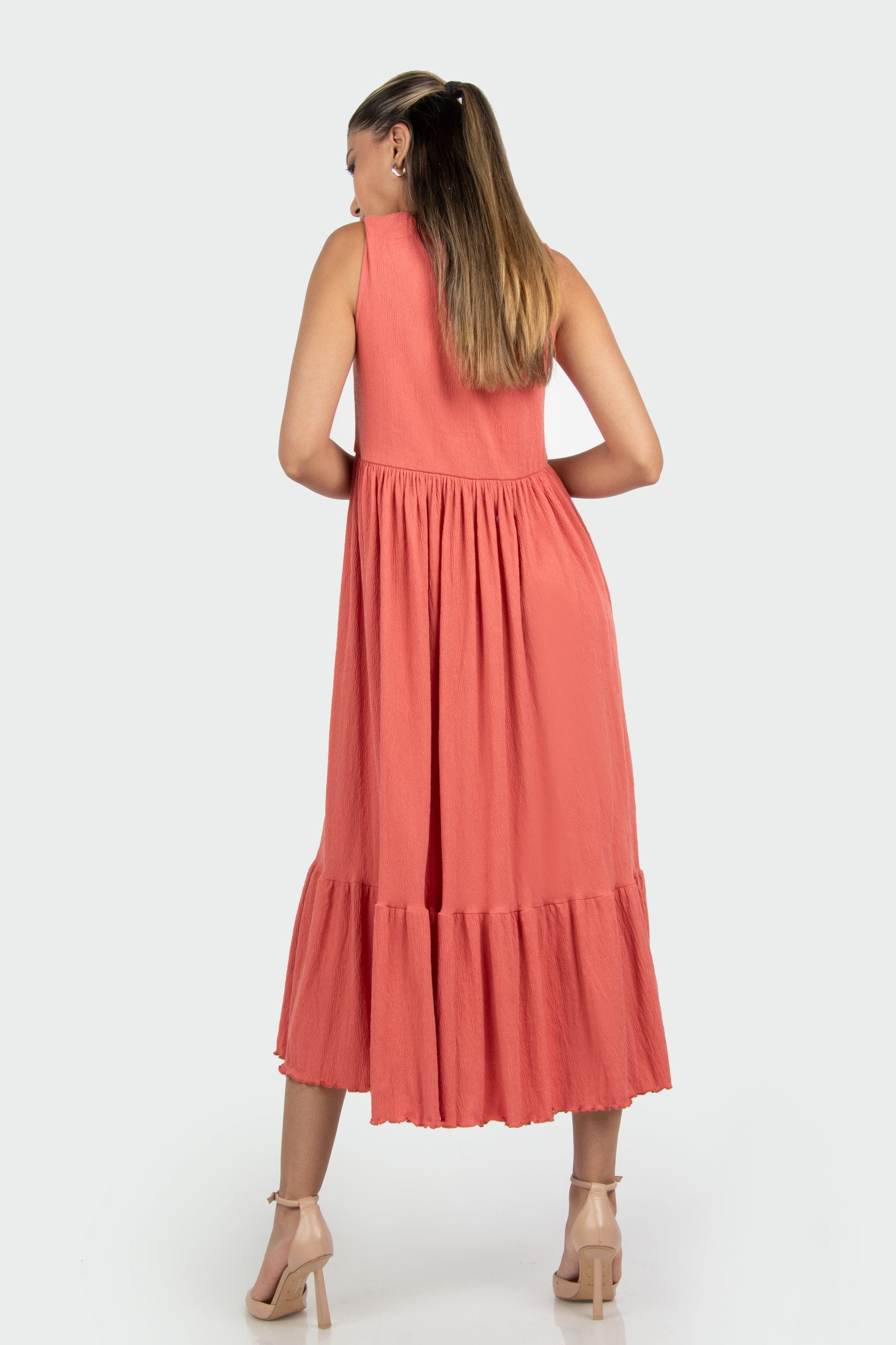 ميكا فستان ميدي سادة كشكش خصر مرتفع بدون كم