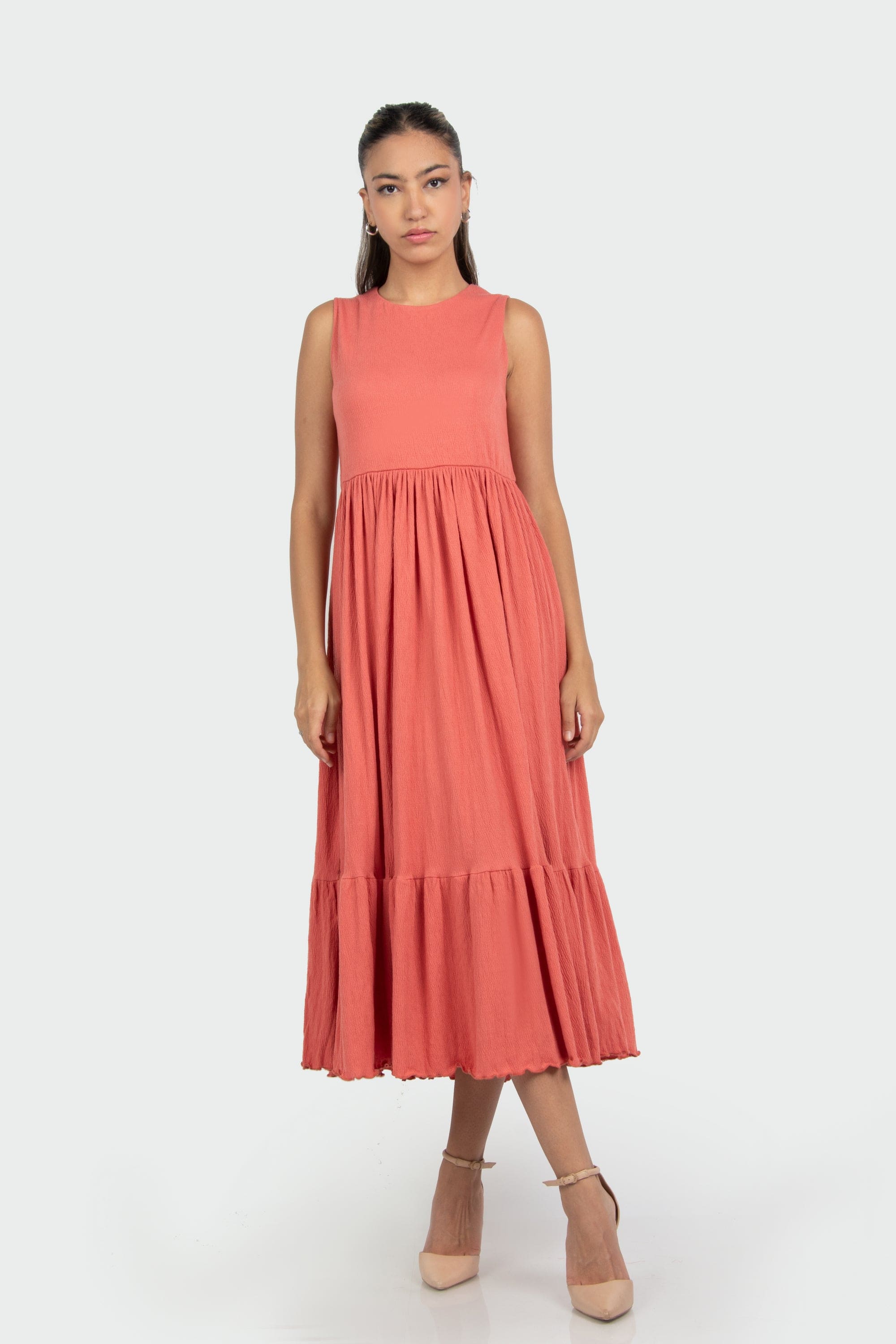 ميكا فستان ميدي سادة كشكش خصر مرتفع بدون كم