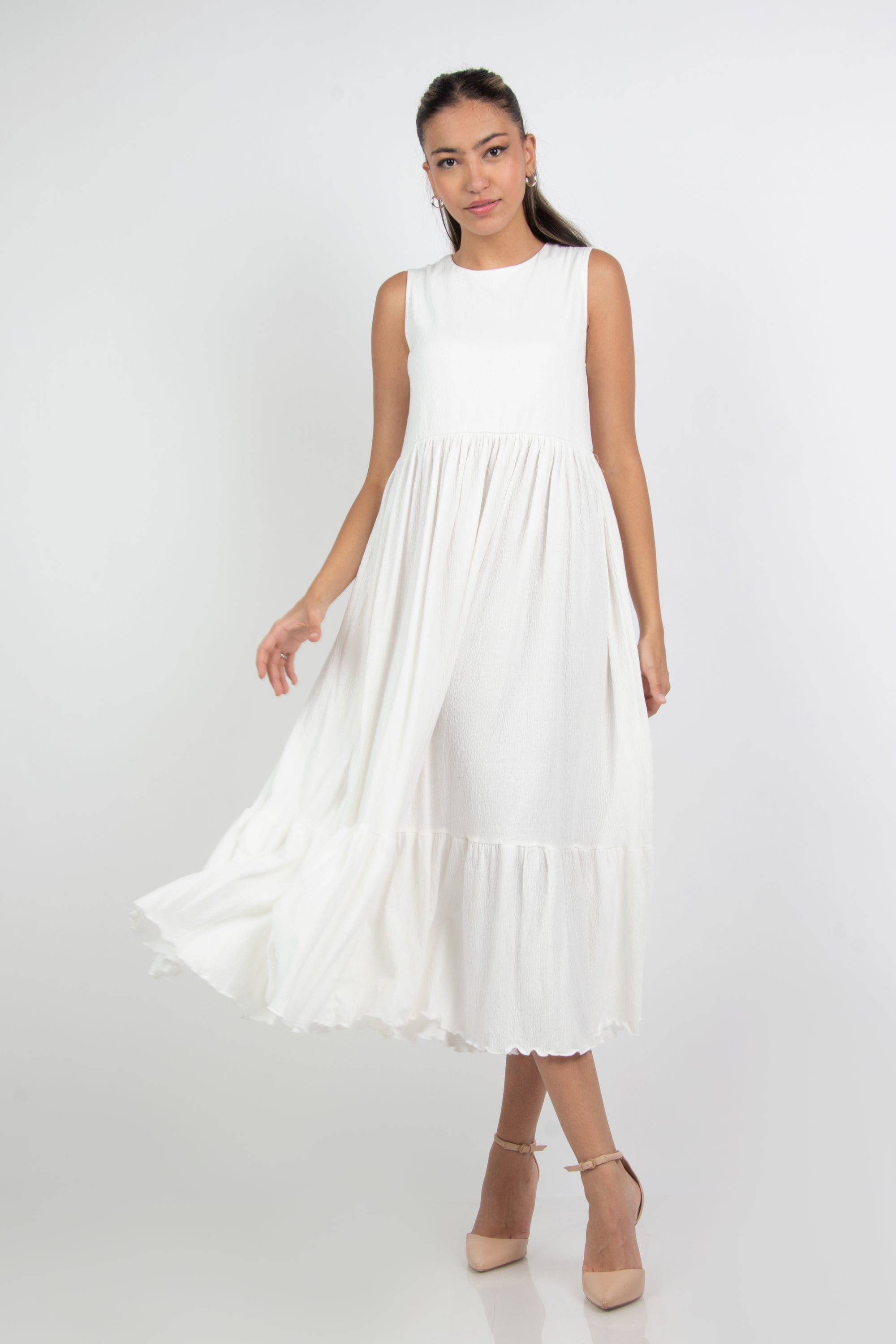 ميكا فستان ميدي سادة كشكش خصر مرتفع بدون كم