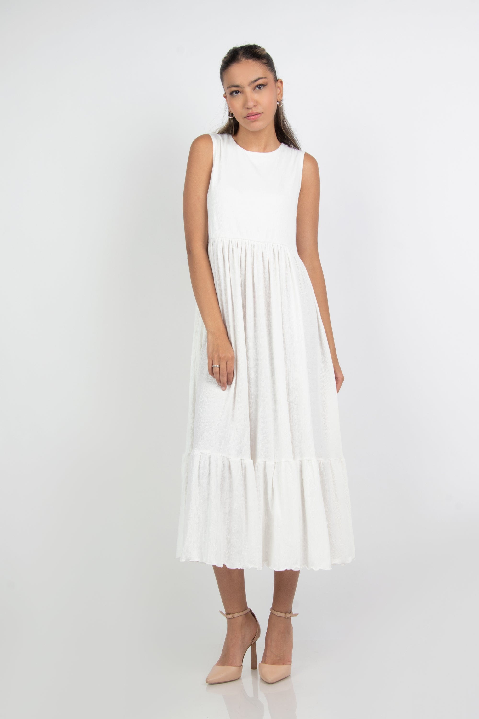 ميكا فستان ميدي سادة كشكش خصر مرتفع بدون كم