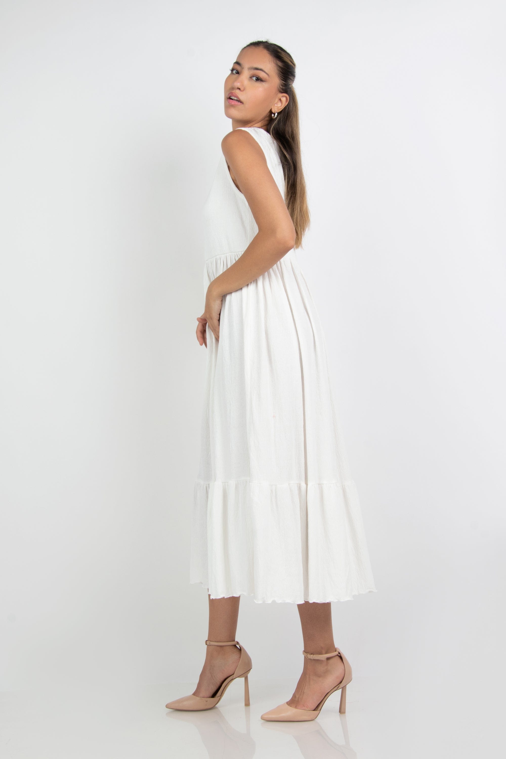 ميكا فستان ميدي سادة كشكش خصر مرتفع بدون كم