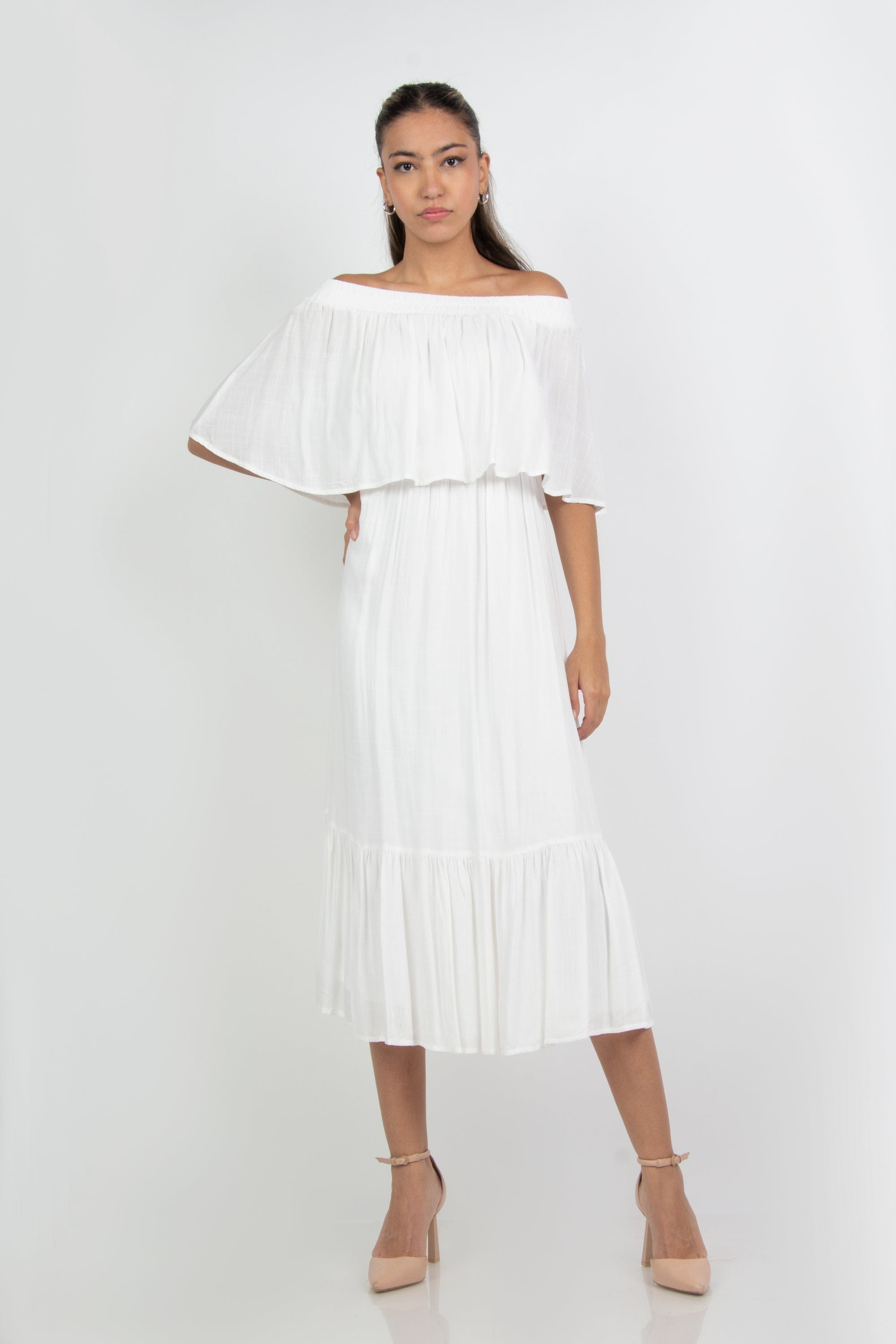 ميكا فستان ميدي اوف شولدر فارشة بكم قصير