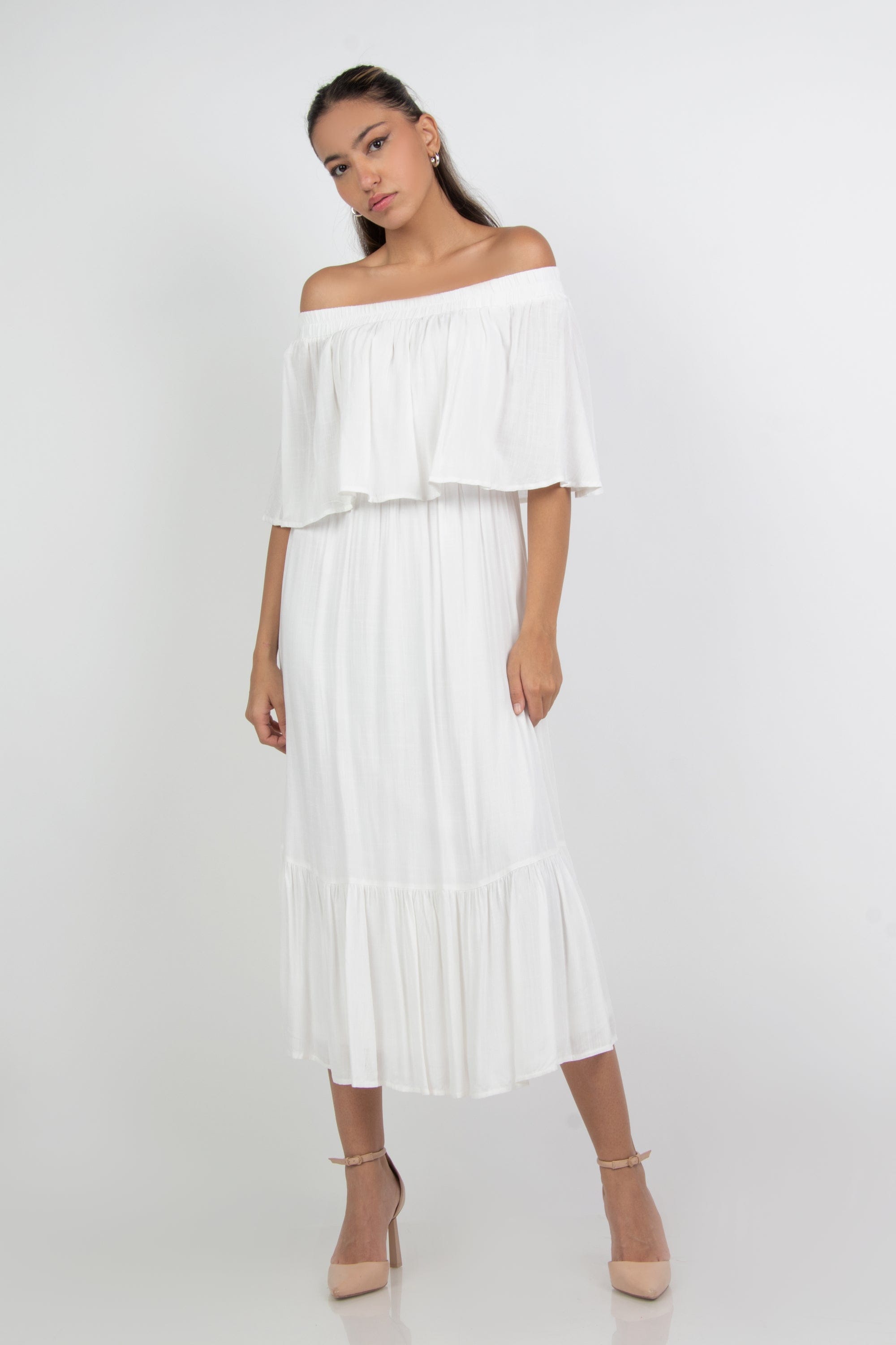 ميكا فستان ميدي اوف شولدر فارشة بكم قصير