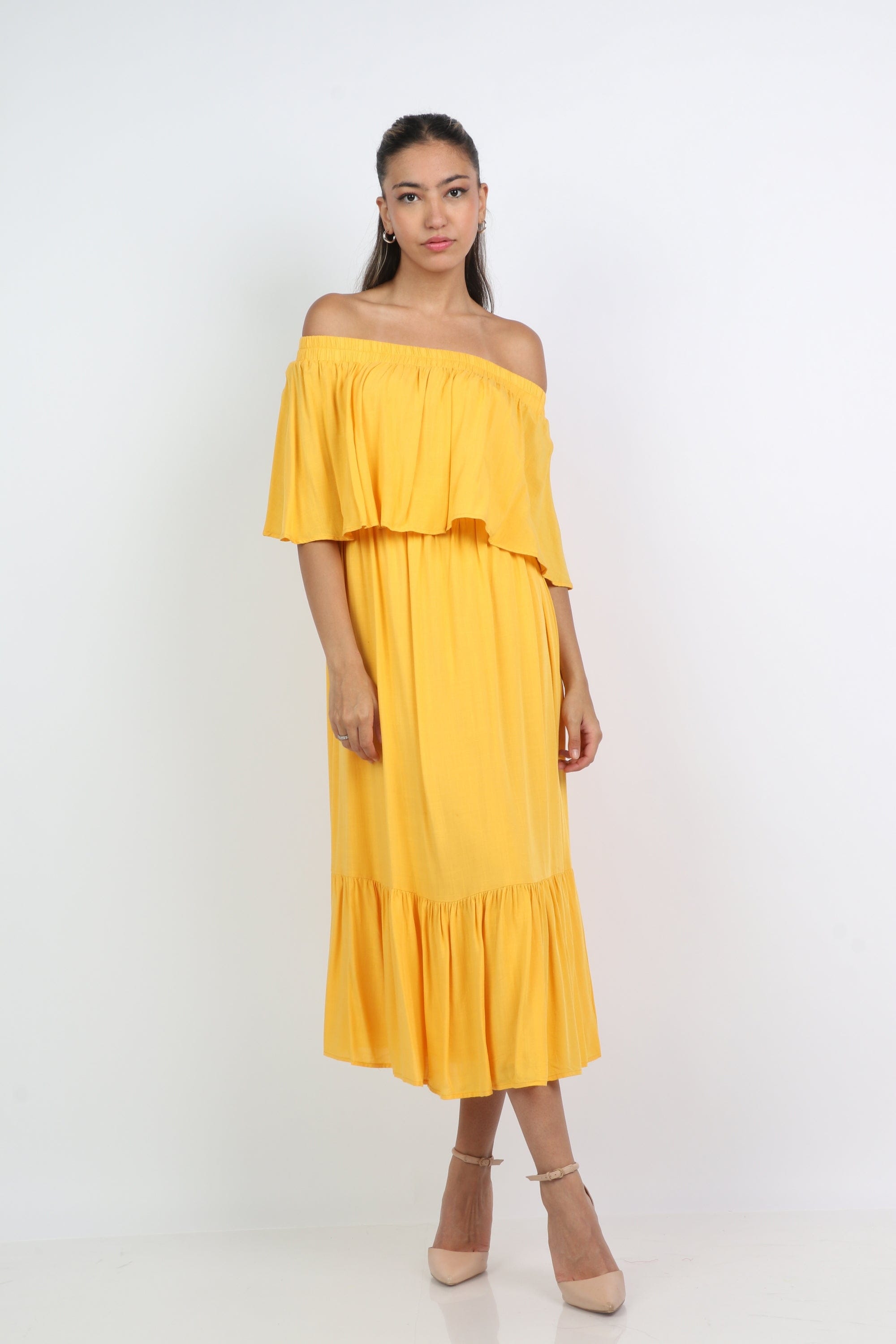 ميكا فستان ميدي اوف شولدر فارشة بكم قصير