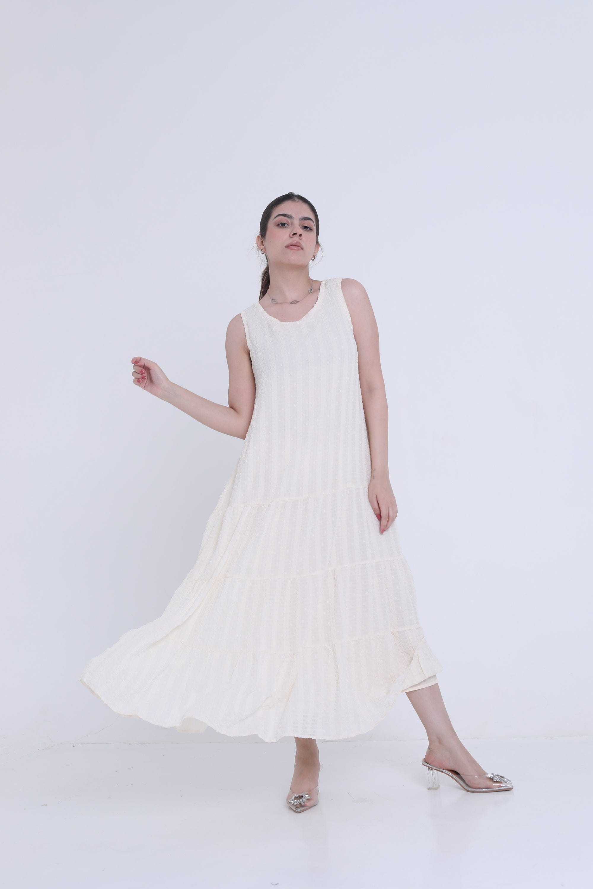 ميكا فستان ميدي كلوش واسع مخطط بالطول بدون كم