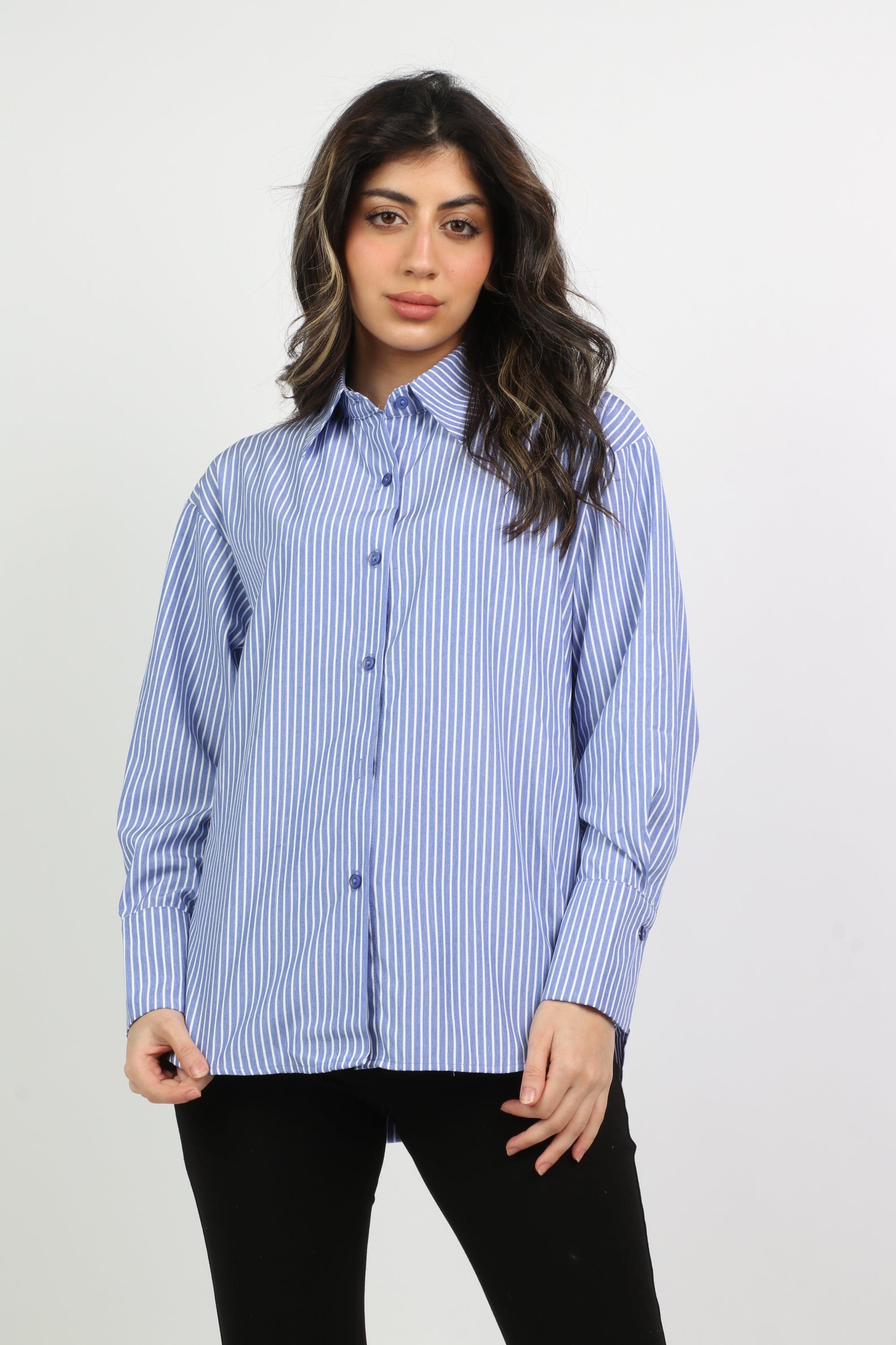 ميكا قميص مقلم بأسوارة عريضة كم طويل نسائي