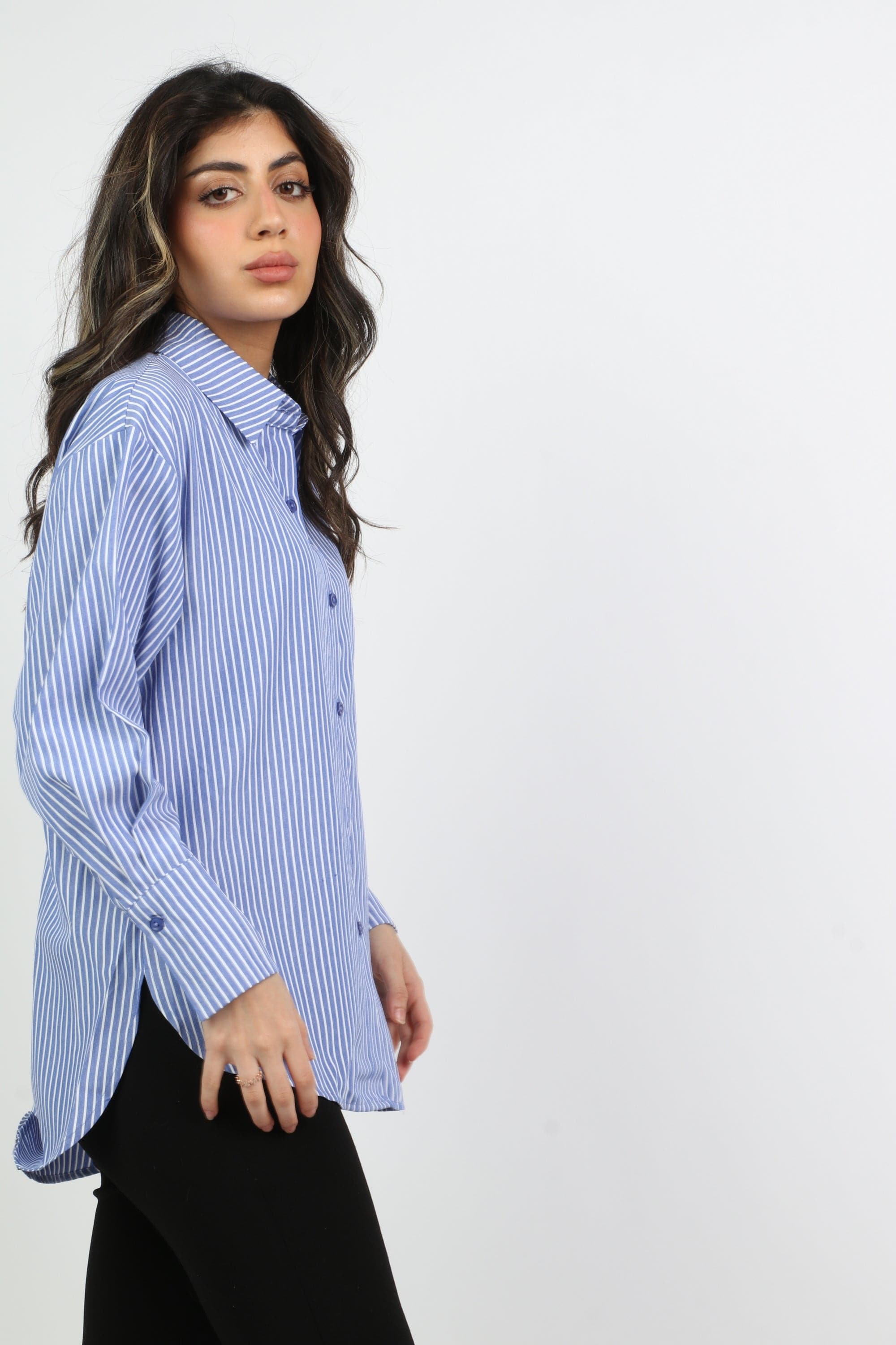 ميكا قميص مقلم بأسوارة عريضة كم طويل نسائي