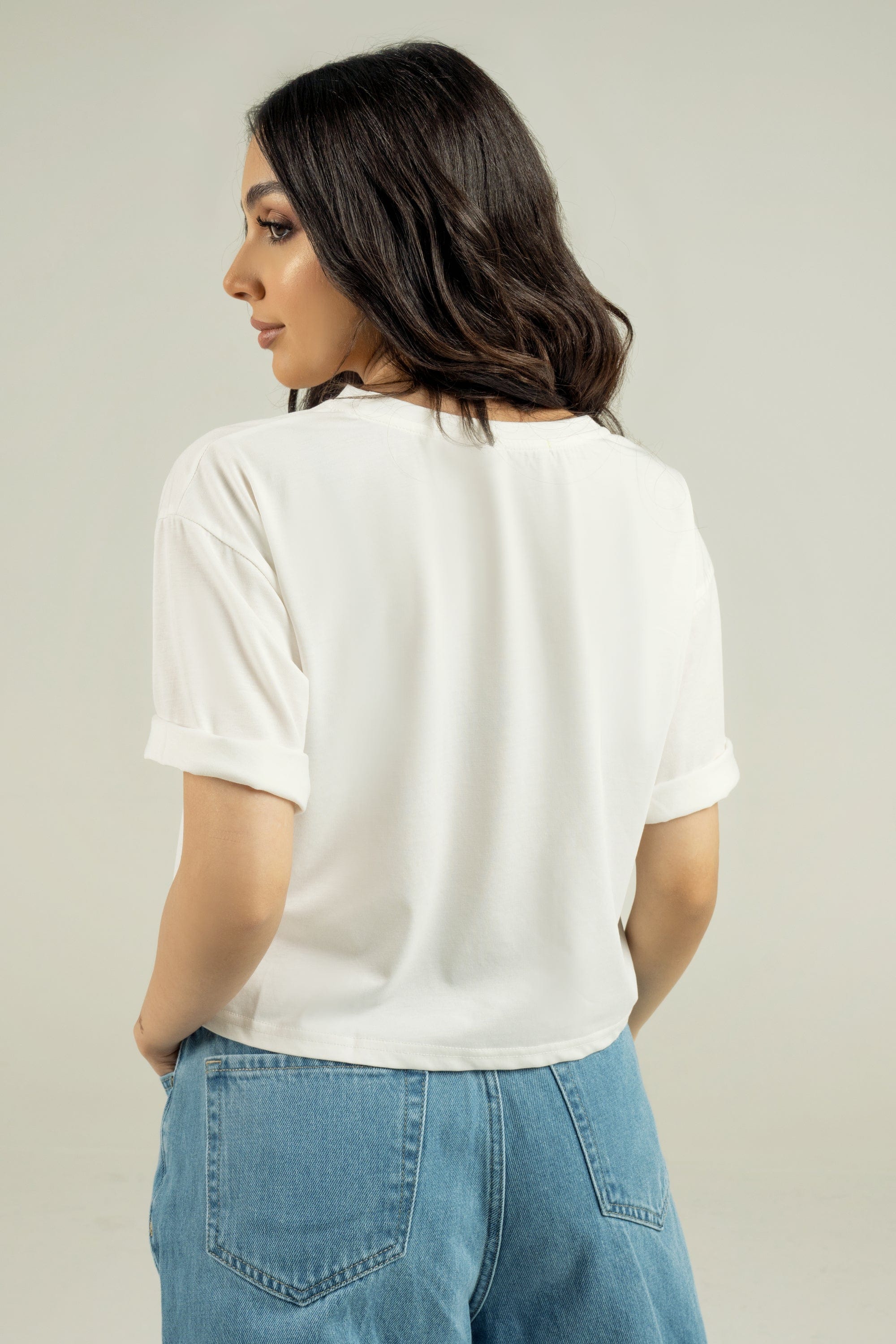 ميكا بلوزة قطنية طباعة على الصدر نص كم نسائي