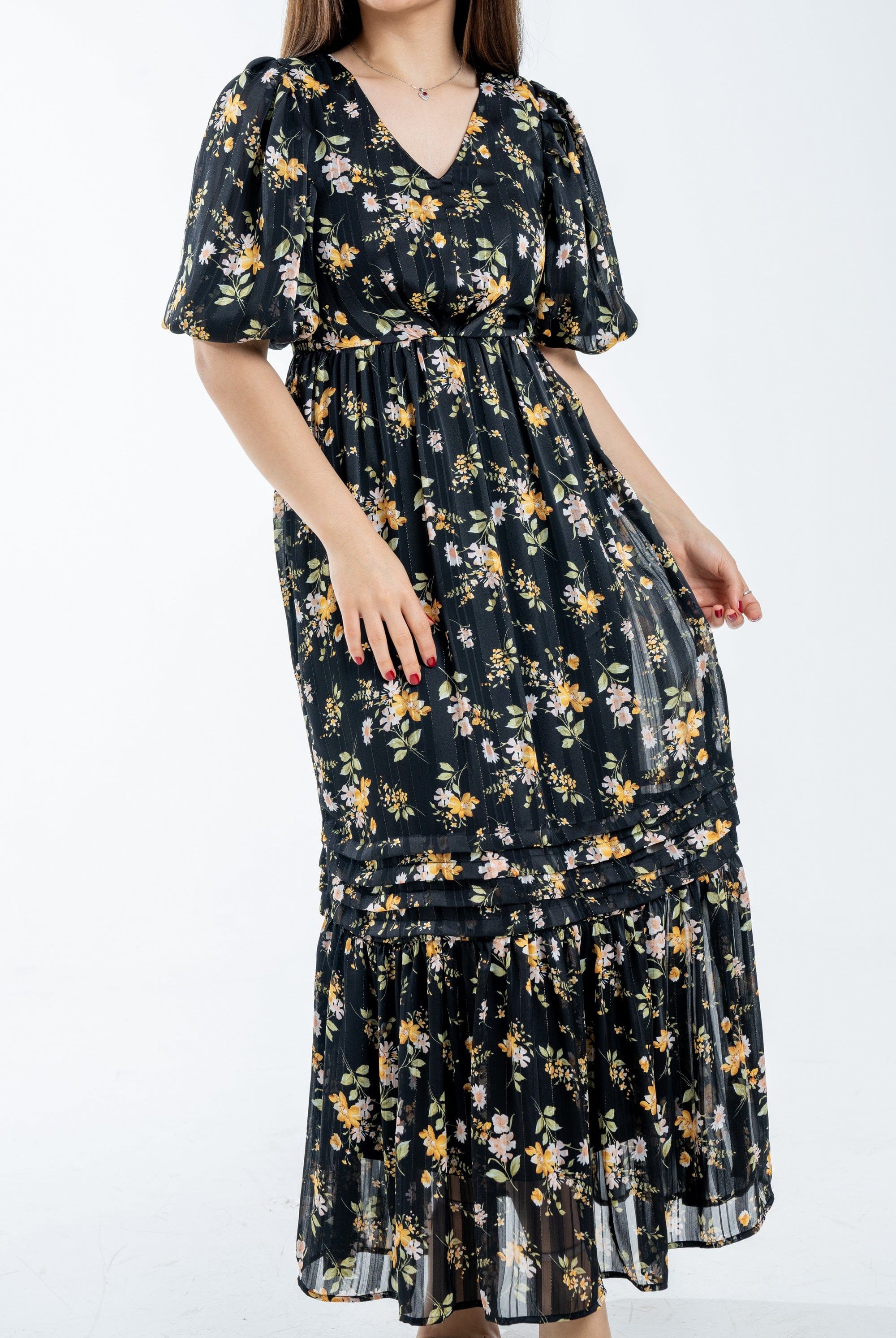 ميكا فستان ميدي مخصر مشجر نص كم بف بفتحة سبعة نسائي