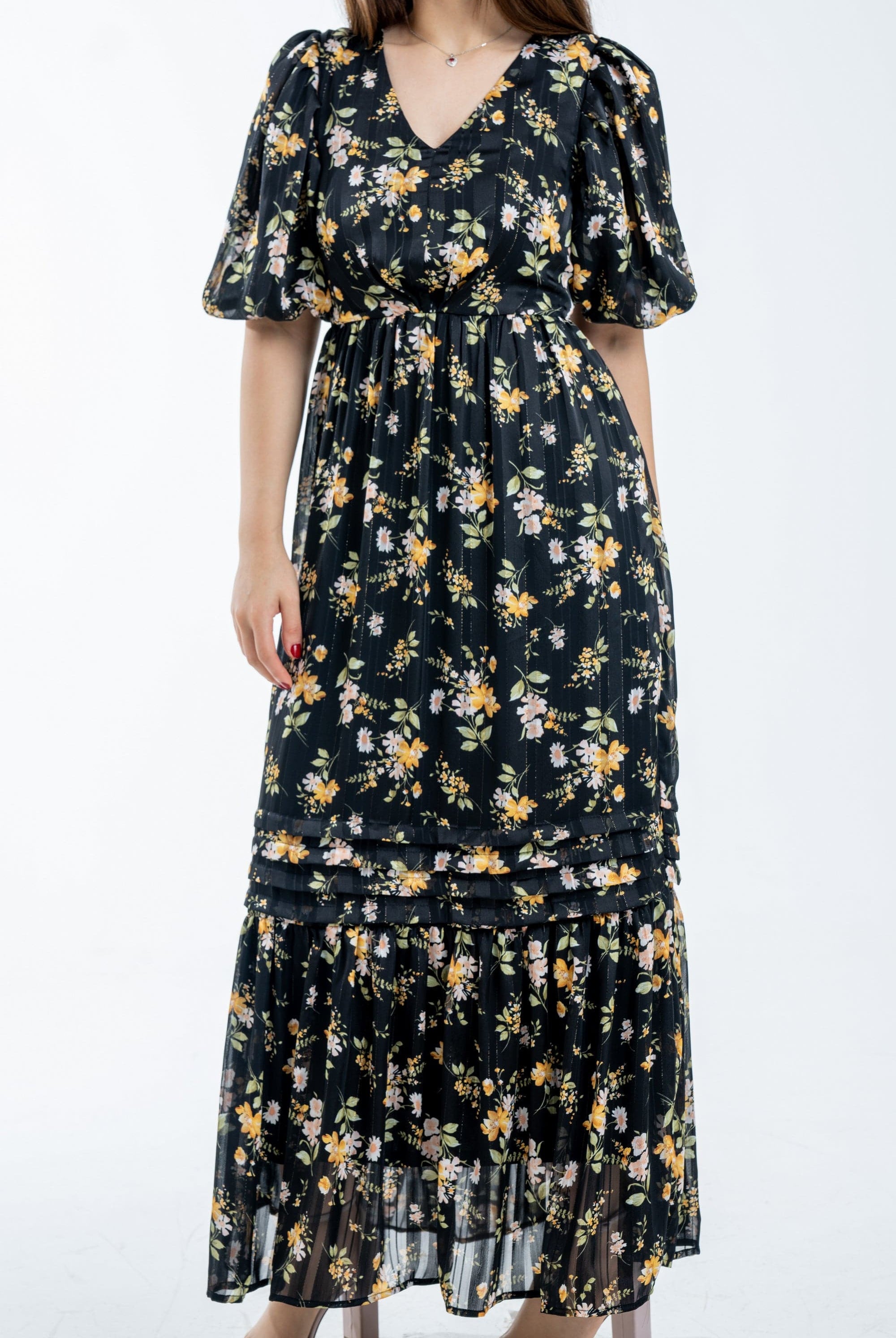 ميكا فستان ميدي مخصر مشجر نص كم بف بفتحة سبعة نسائي