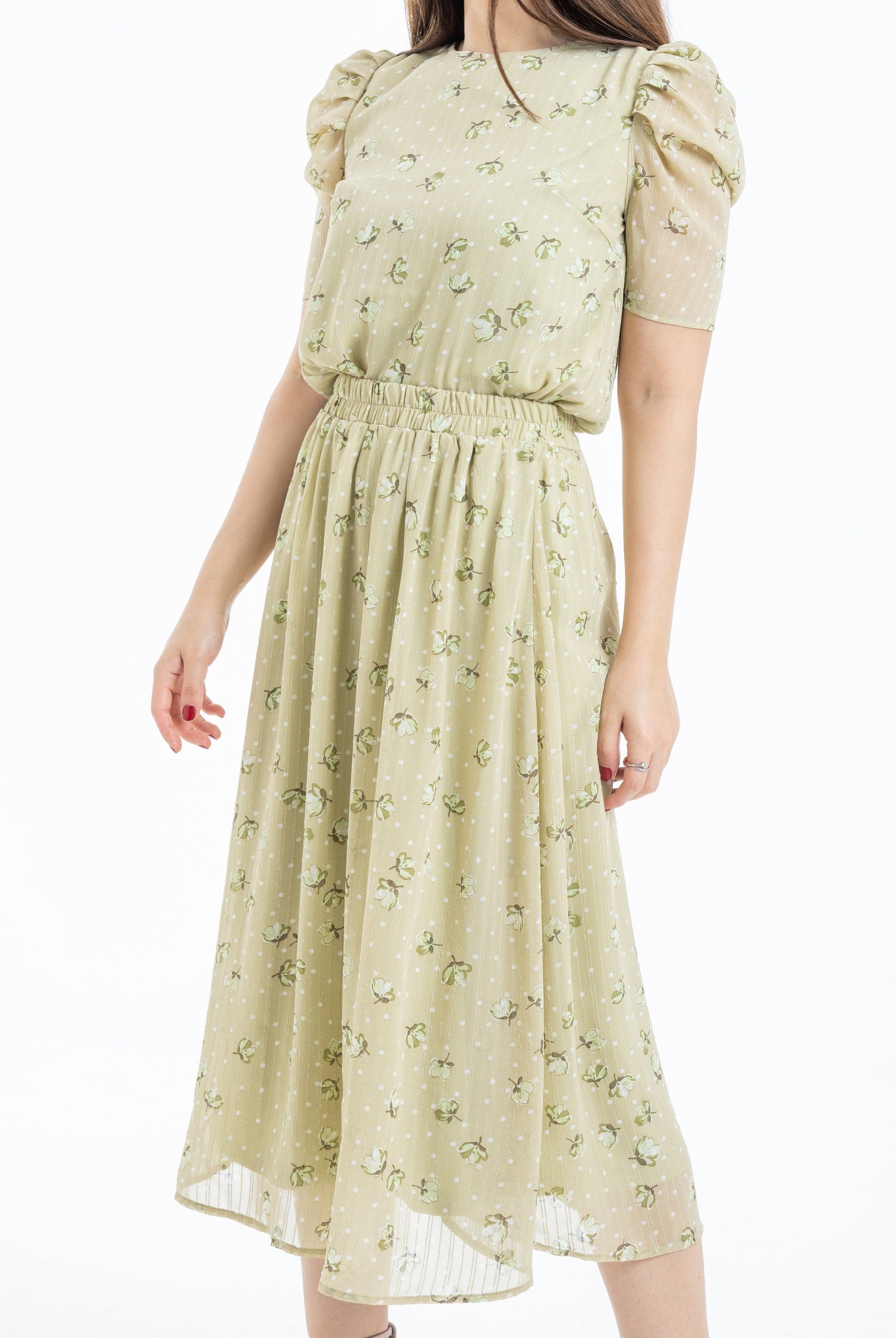 ميكا تنورة ميدي منقط مشجر خصر مرتفع نسائي أخضر فاتح