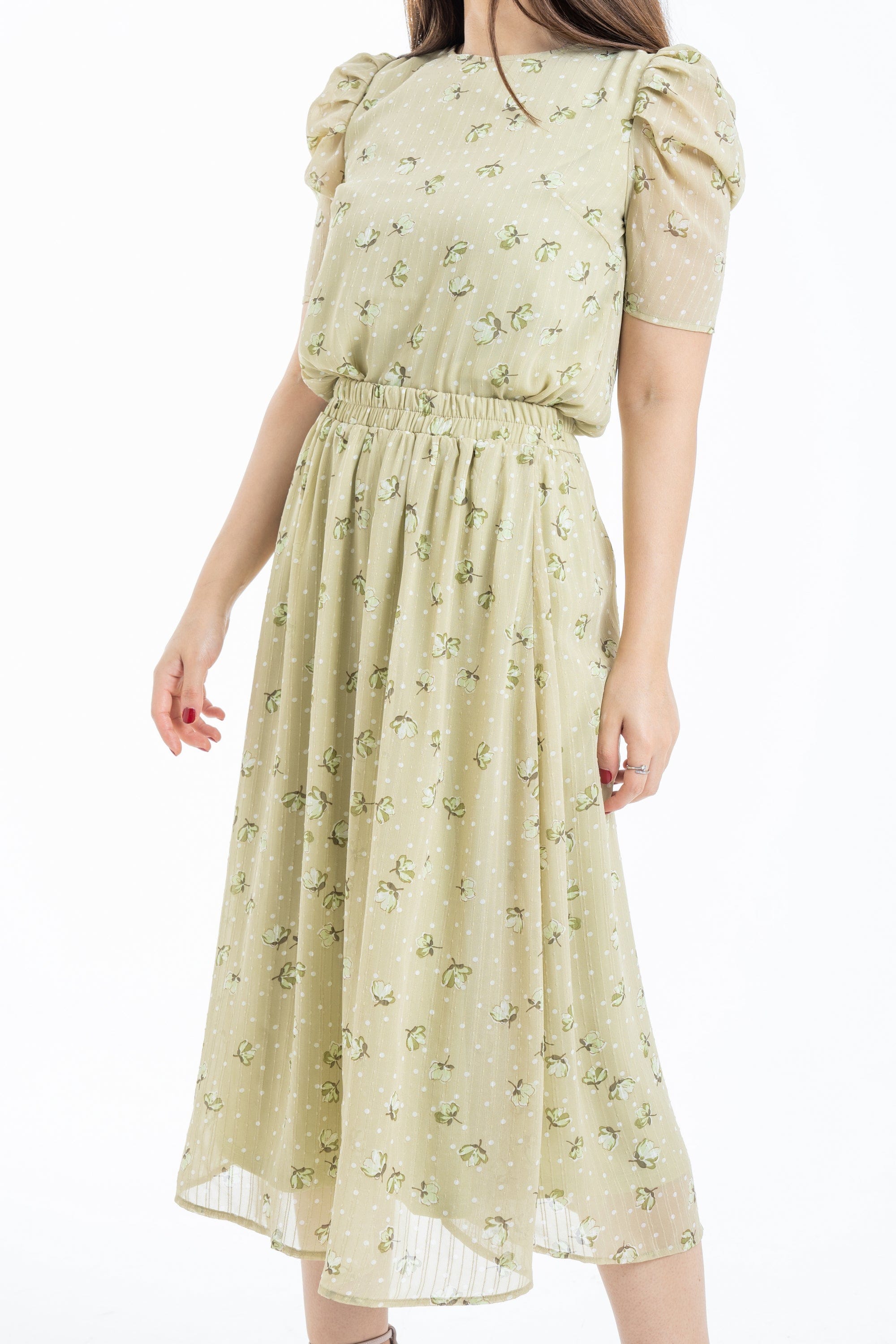 ميكا تنورة ميدي منقط مشجر خصر مرتفع نسائي أخضر فاتح