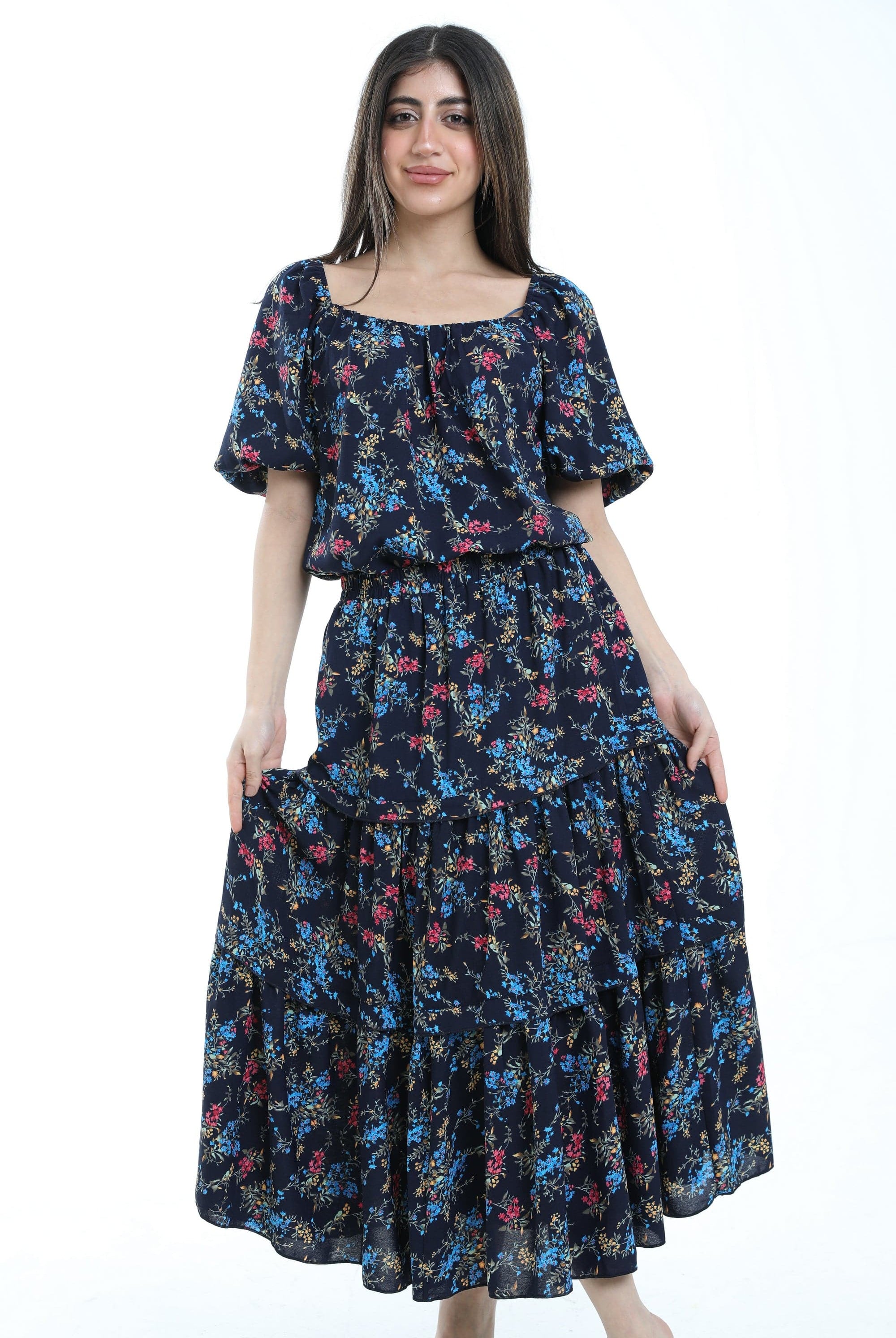 ميكا تنورة ميدي موردة خصر مرتفع طبقات طويلة نسائي