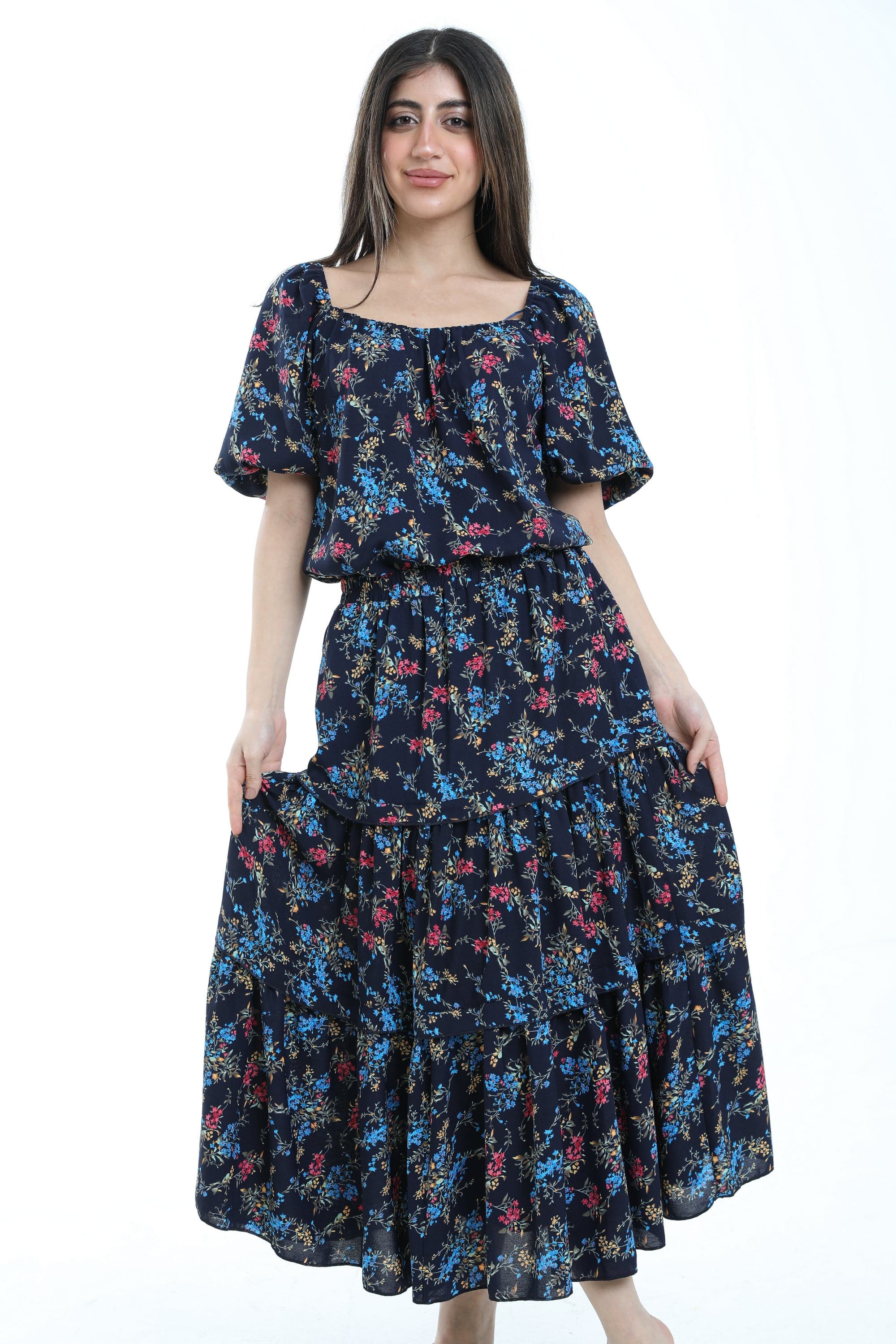 ميكا تنورة ميدي موردة خصر مرتفع طبقات طويلة نسائي