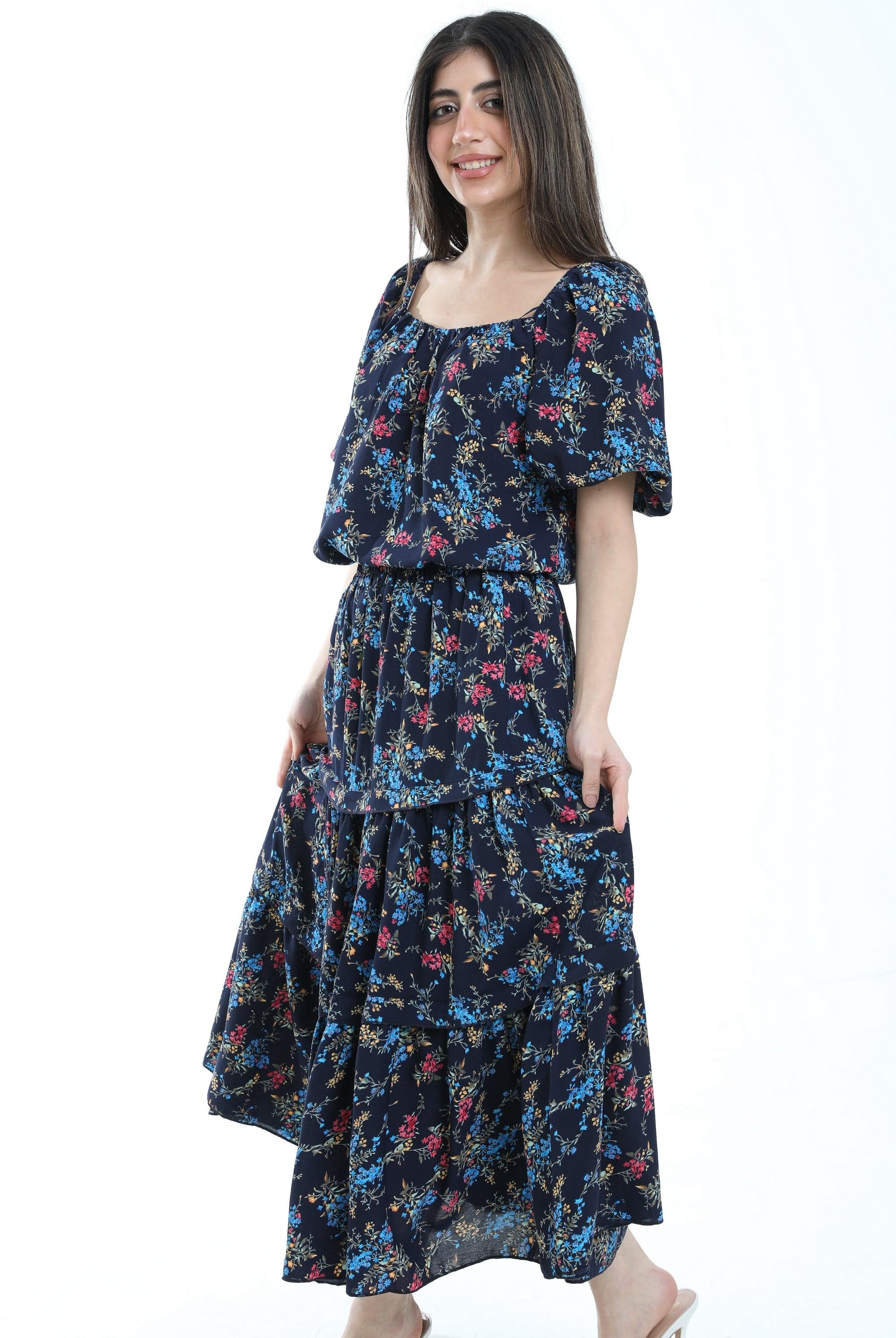 ميكا تنورة ميدي موردة خصر مرتفع طبقات طويلة نسائي