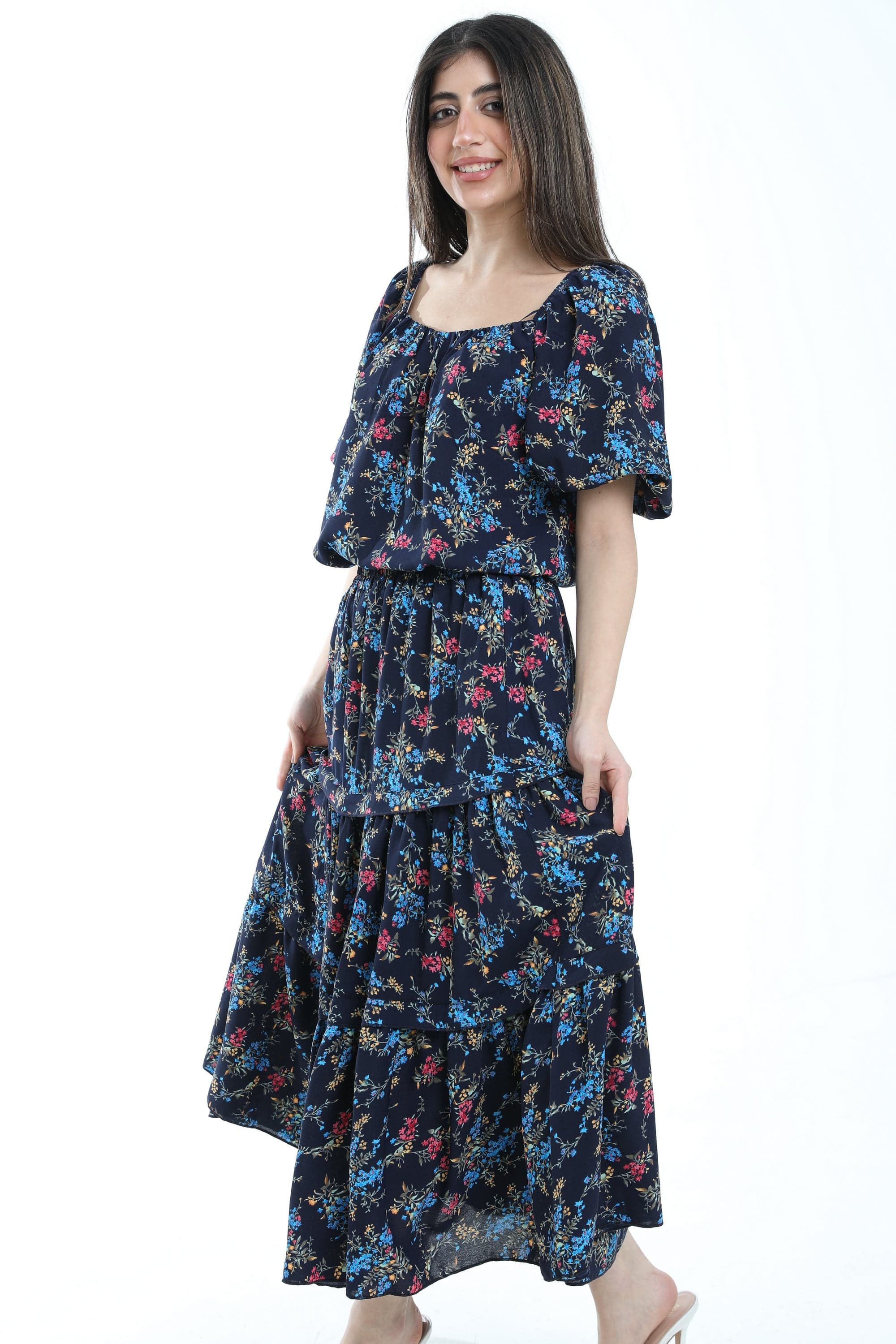 ميكا تنورة ميدي موردة خصر مرتفع طبقات طويلة نسائي