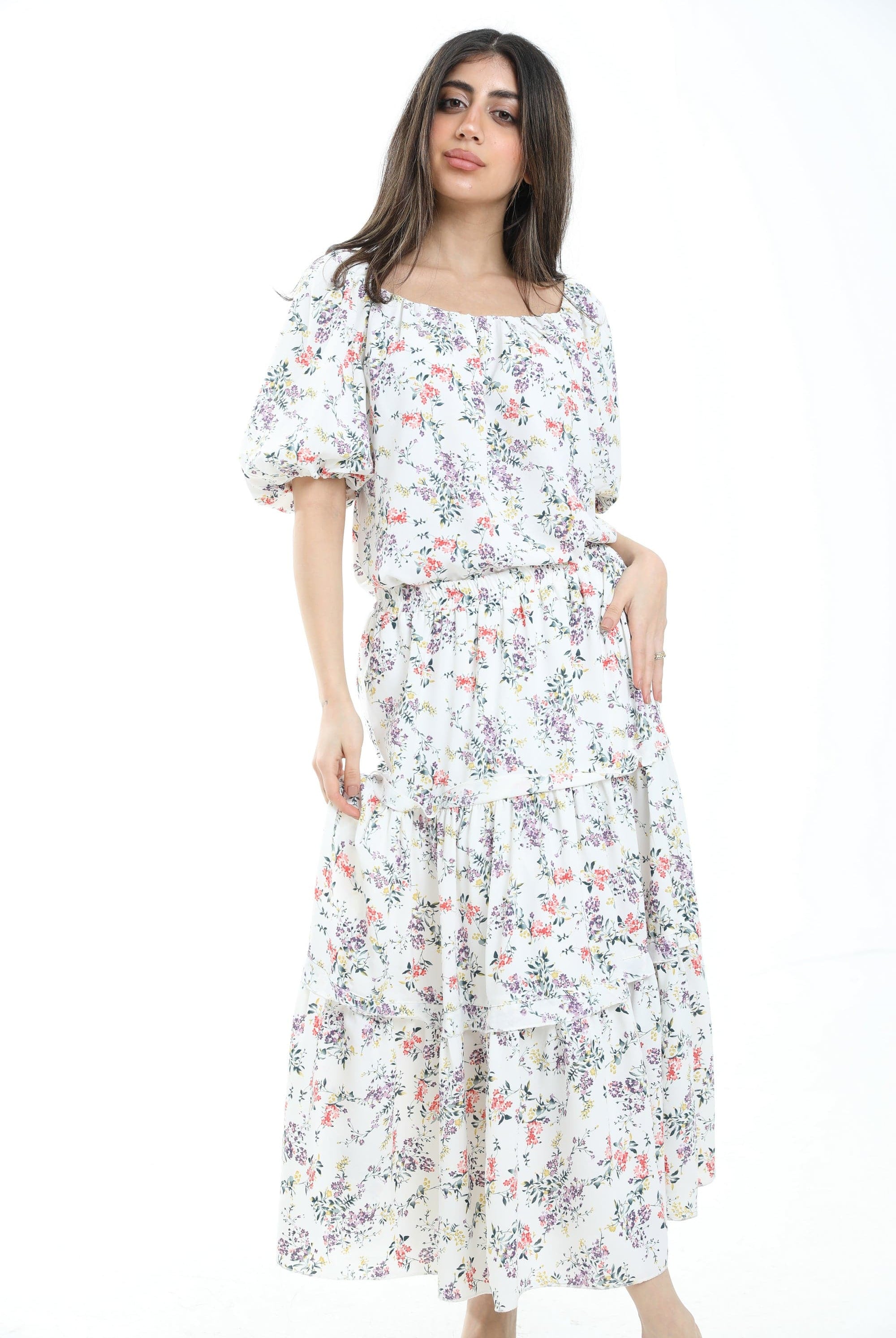 ميكا تنورة ميدي موردة خصر مرتفع طبقات طويلة نسائي