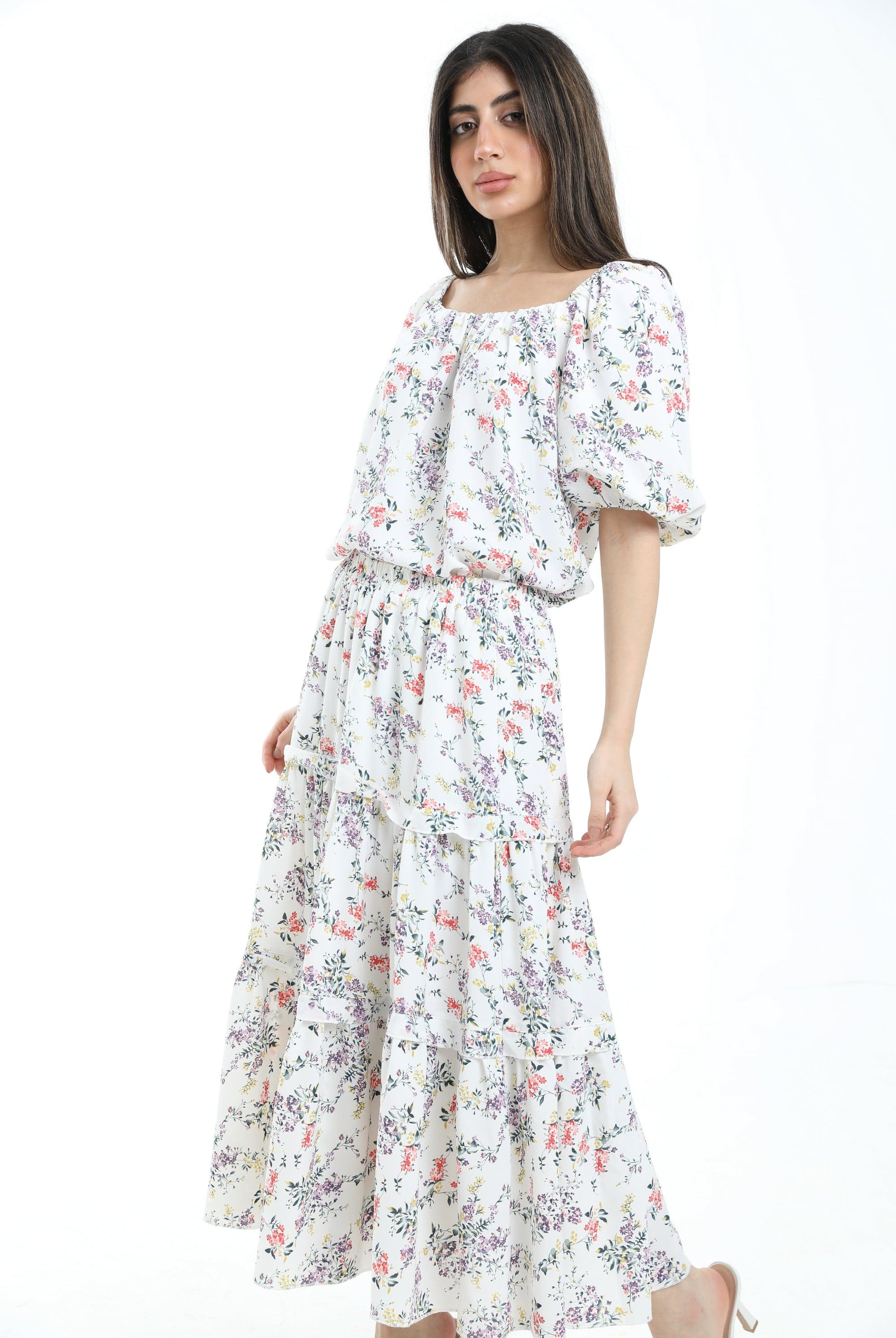 ميكا تنورة ميدي موردة خصر مرتفع طبقات طويلة نسائي