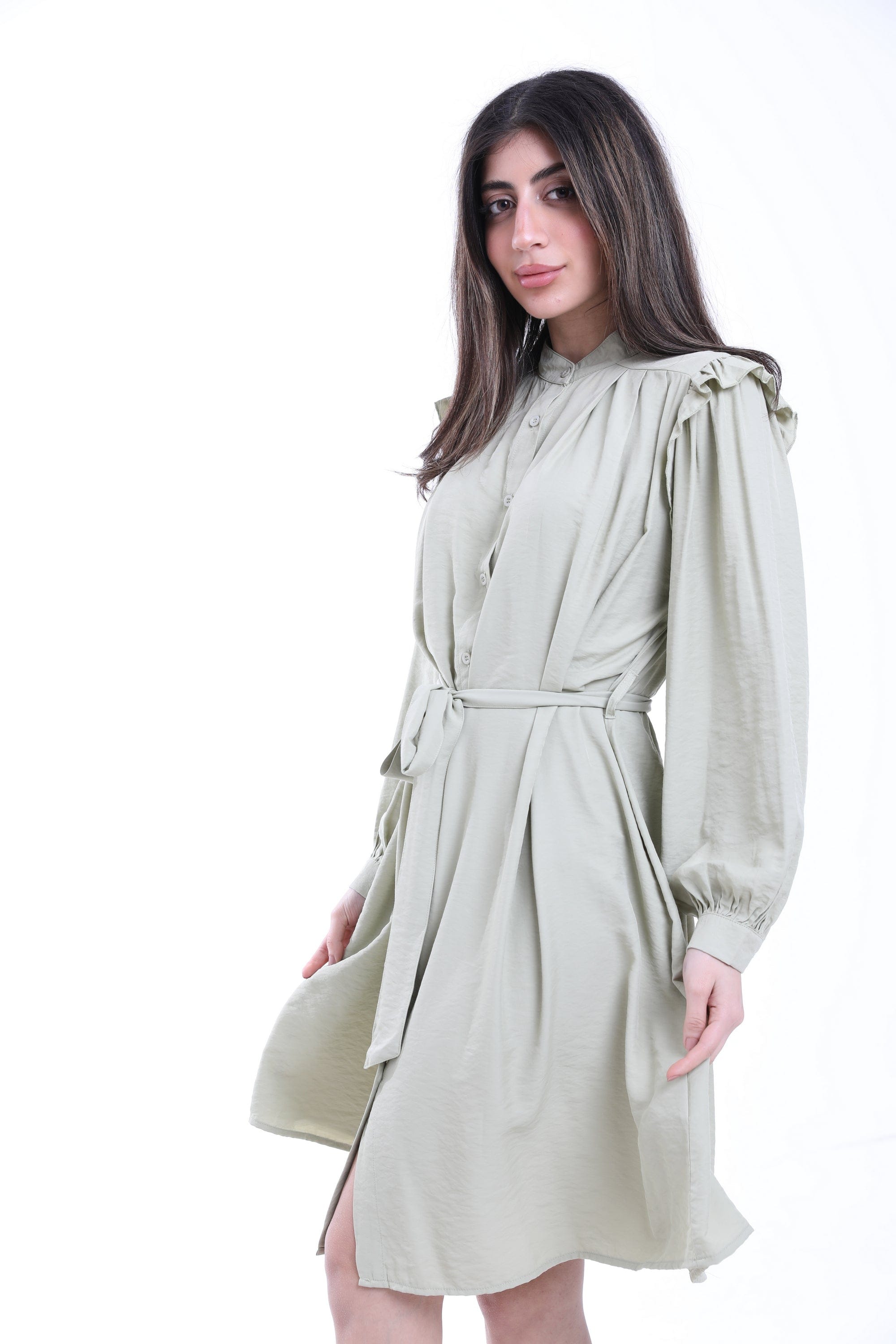 ميكا فستان ميدي بأكمام طويلة بكرانيش رقيقة