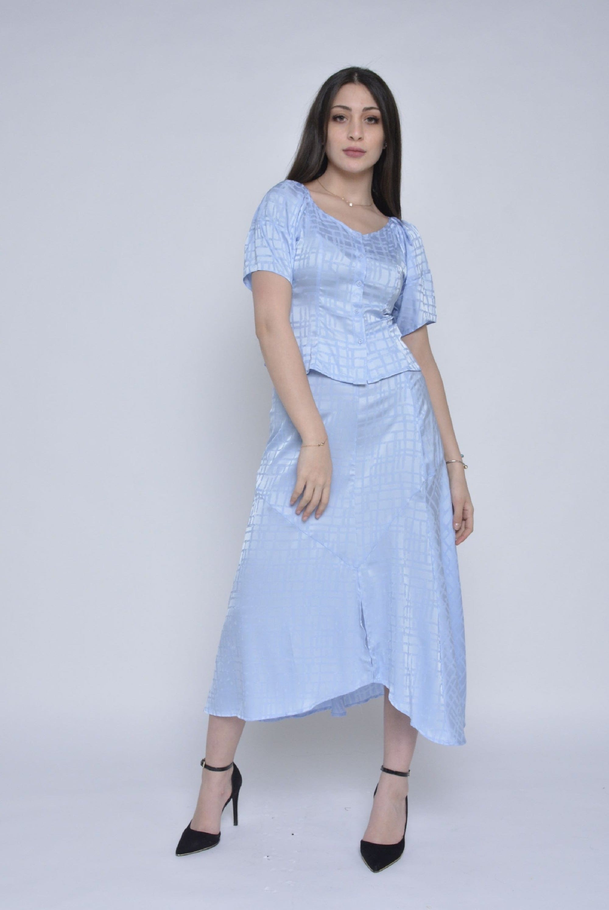 ميكا بلوزة سهرة ستان قصيرة ياقة مربعة كم قصيرة منفوخ نسائي