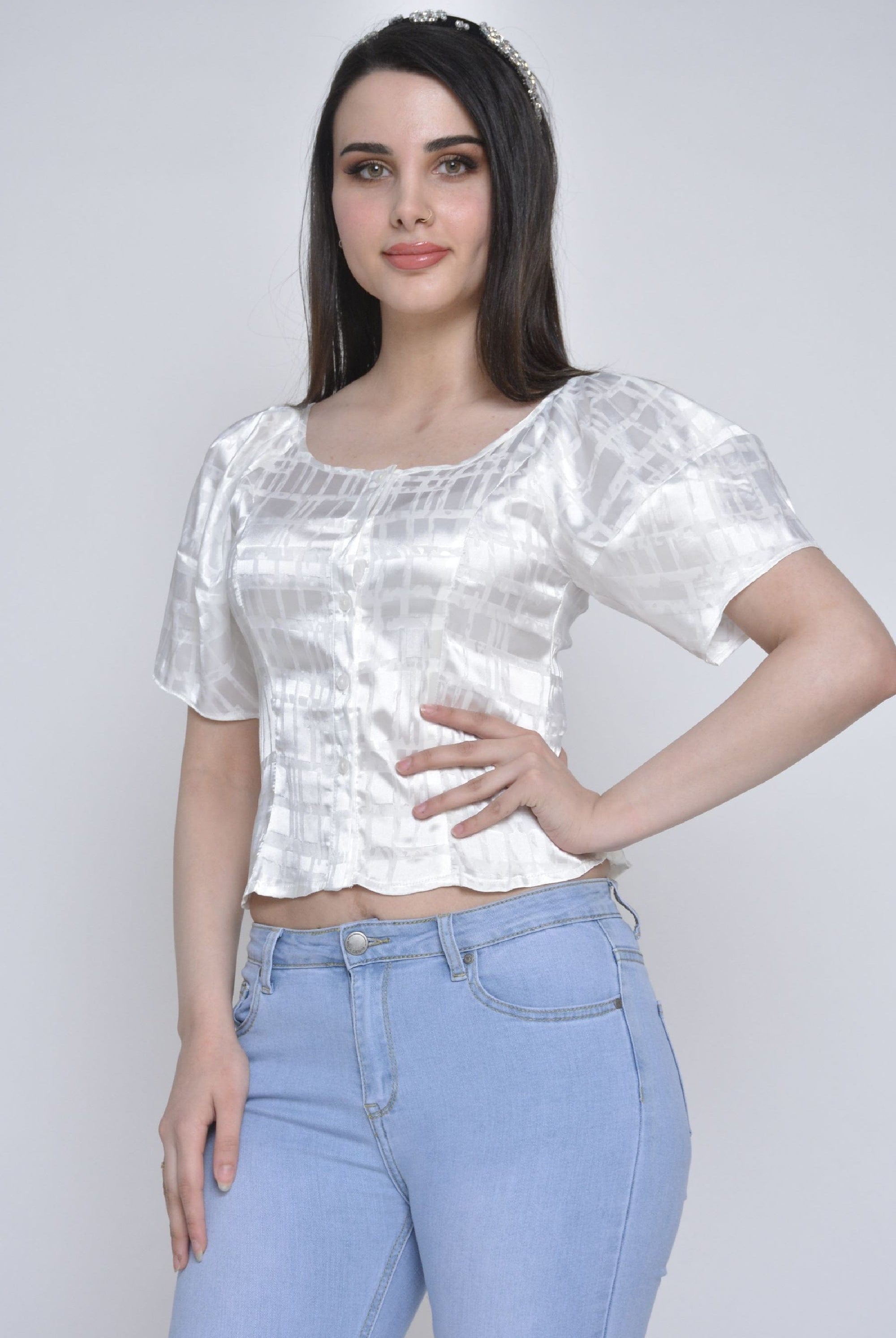 ميكا بلوزة سهرة ستان قصيرة ياقة مربعة كم قصيرة منفوخ نسائي