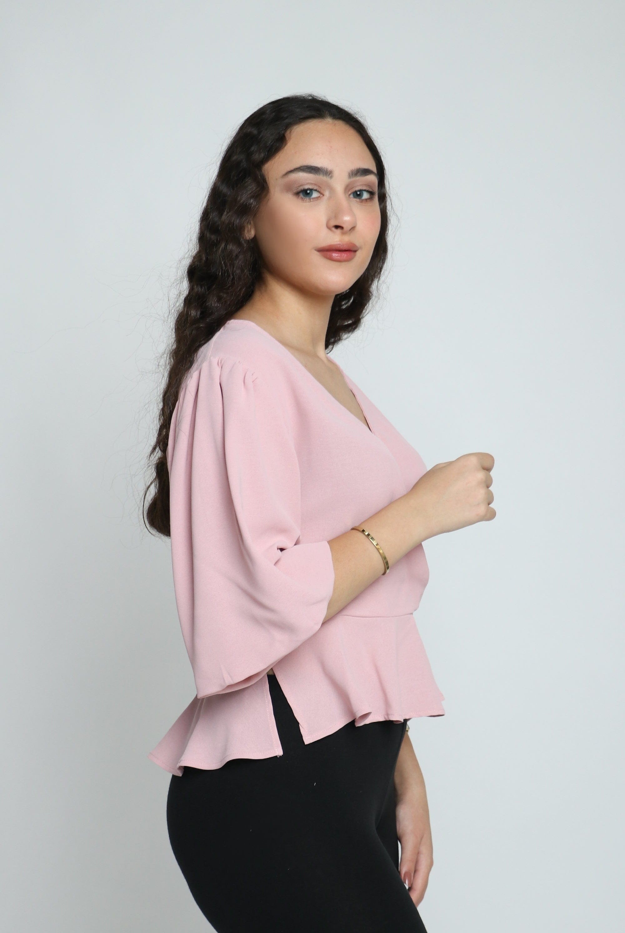 ميكا بلوزة لف واسعة كم طويل منفوخ فتحة سبعة نسائي