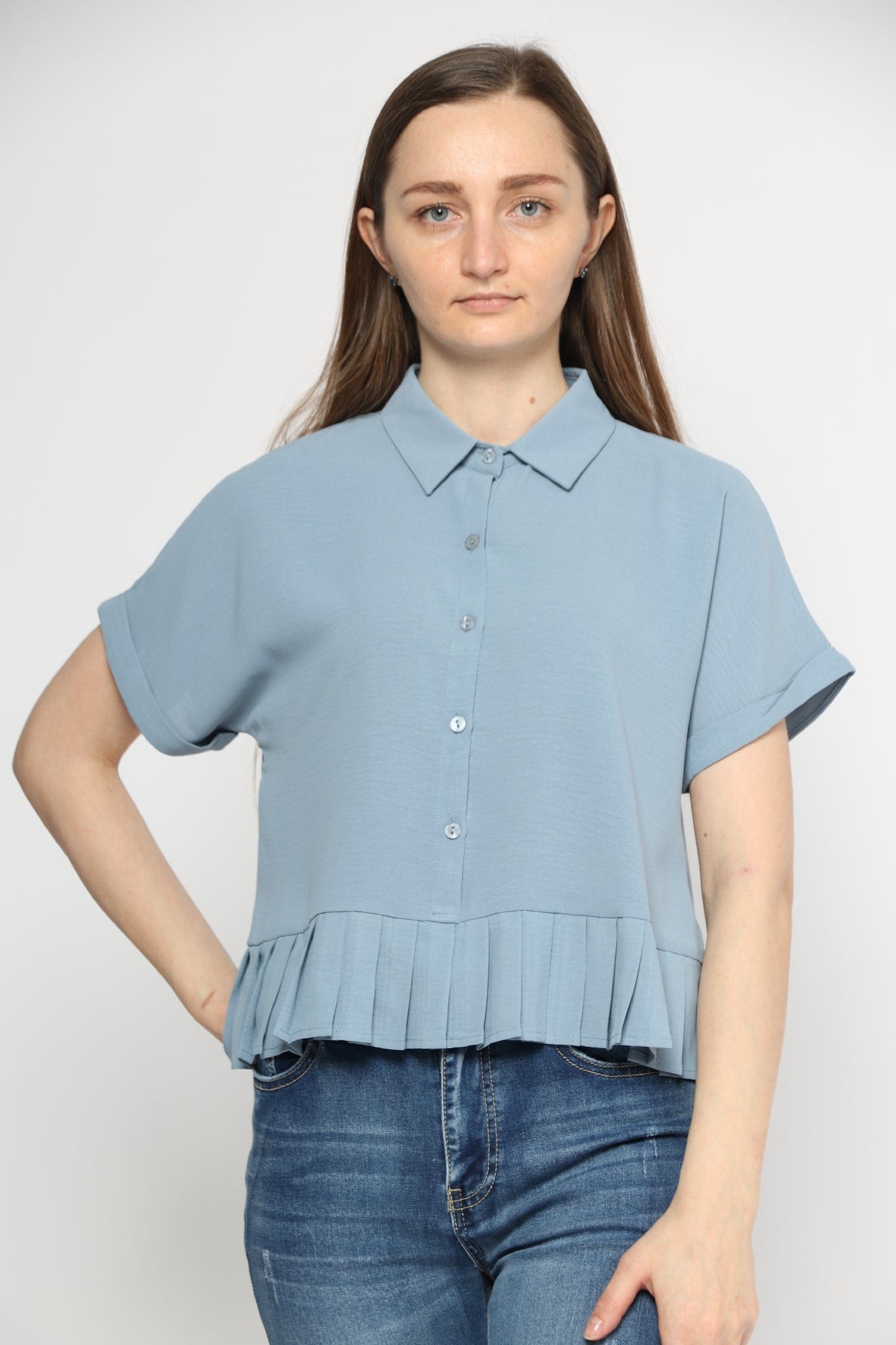 ميكا بلوزة رسمي ناعم كشكشة من أسفل بأزرار أمامية وياقة نسائي