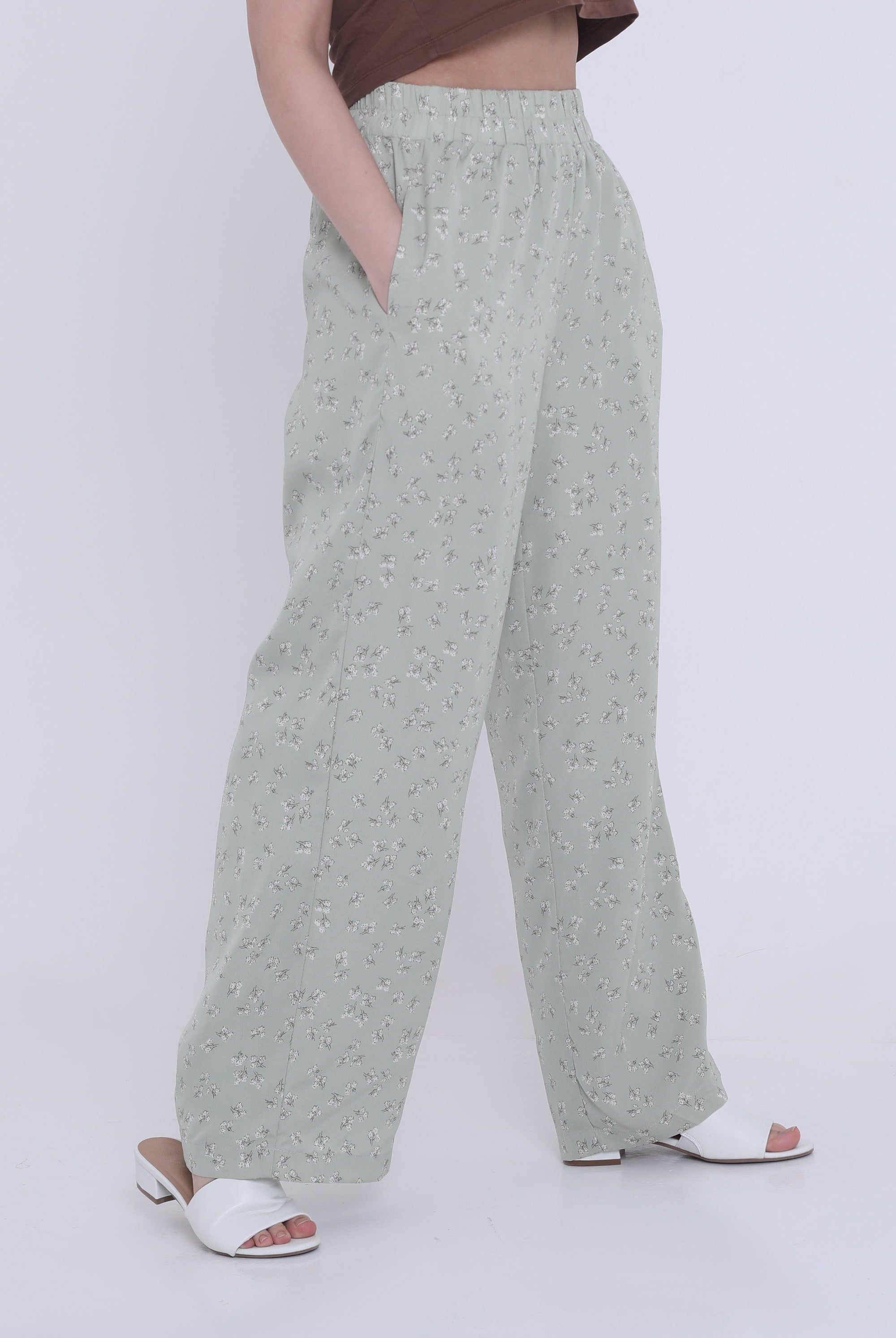 ميكا بنطلون مشجر واسع بمطاط على الخصر نسائي